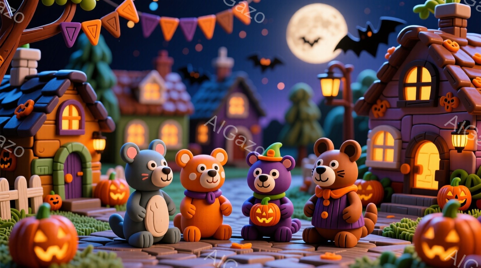 暖かく優しい雰囲気のハロウィーンのイラストです。四匹の可愛らしいクマたちが、それぞれ異なるハロウィーンの衣装を着て並んでいます。背景には、カボチャのランタンで飾られた、カラフルな家々が広がり、夜空には満月とコウモリが浮かんでいます。