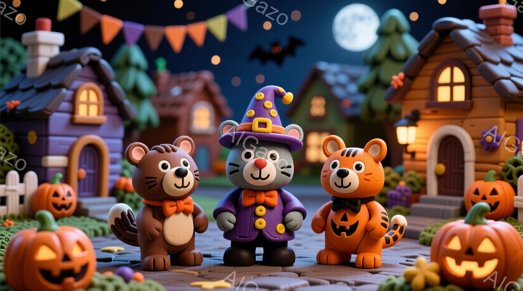 ハロウィーンの装いをした3匹の動物が並んでいます。茶色のクマは茶色の服と蝶ネクタイを着ており、紫色のウサギは紫色のローブと帽子をかぶり、オレンジ色のトラはカボチャの衣装を着ています。背景には、カボチャランタン、可愛らしい家々、そして暗い夜空に浮かぶ満月が見え、全体的に温かくお祝いムードに満ちたハロウィーンの雰囲気を醸し出しています。