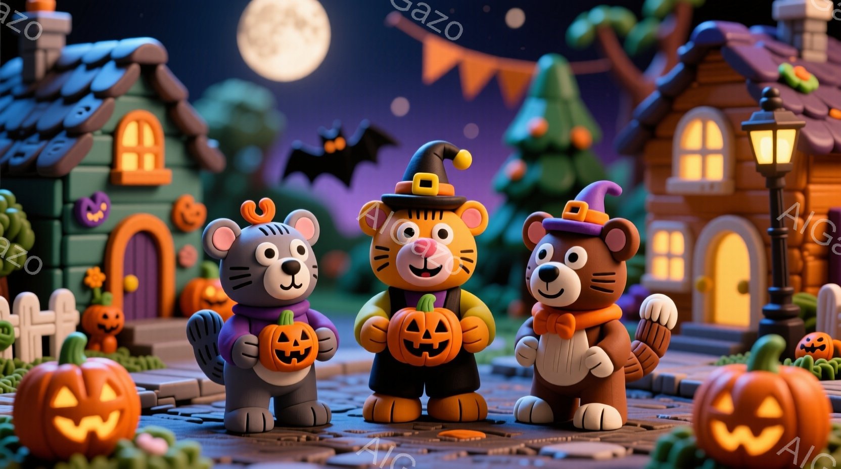 かわいいクマのキャラクターが3匹、ハロウィーンの衣装を着て並んでいます。紫色のクマはカボチャの形をしたバッグを持っており、オレンジ色のクマは魔女の帽子をかぶっています。背景には、カボチャ、木々、そして可愛らしい家々が見え、満月の夜空がハロウィーンの雰囲気を高めています。