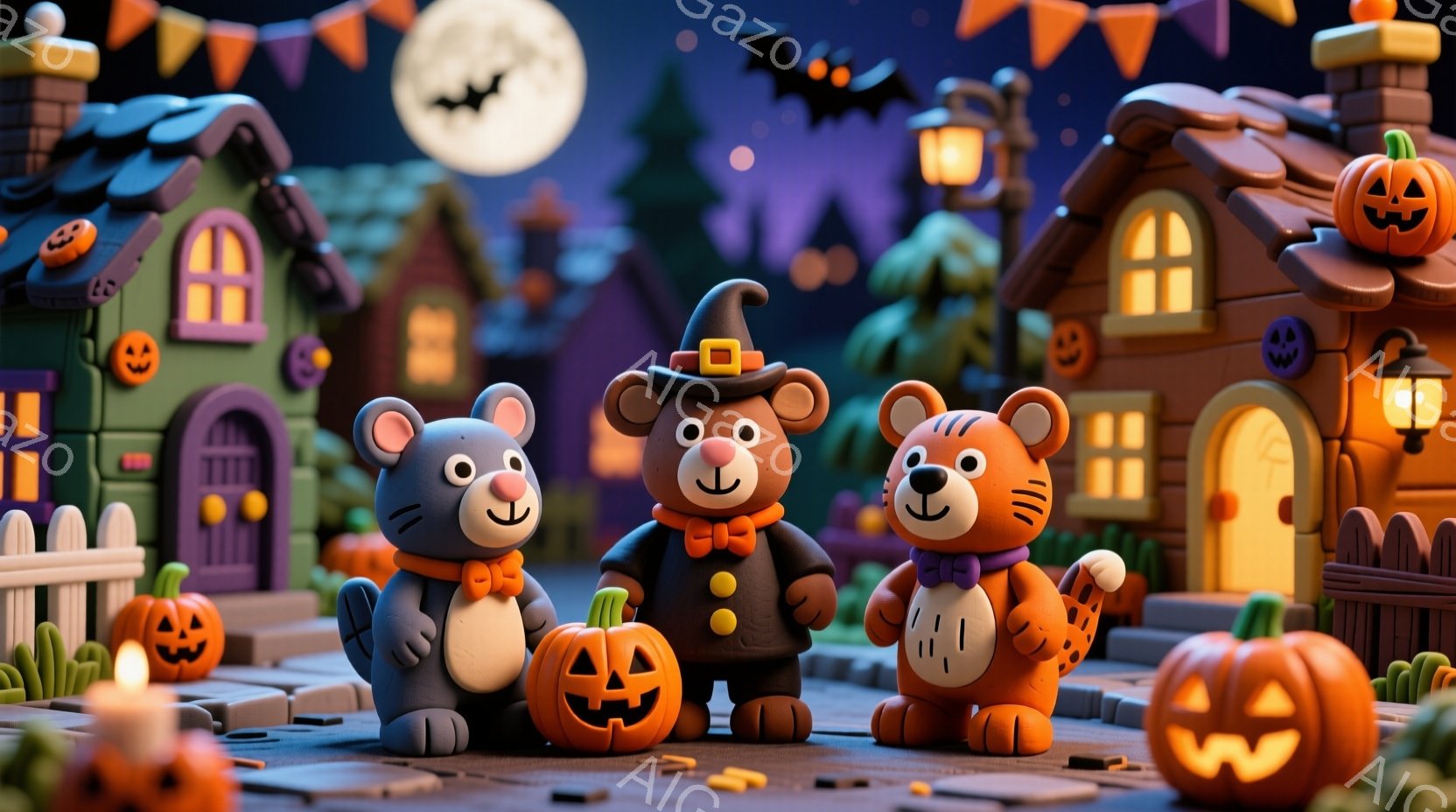 暖炉の光とハロウィーンの装飾が施された、可愛らしい粘土のようなキャラクターたちが並んでいます。灰色の猫、茶色のクマ、オレンジ色の虎のキャラクターたちはそれぞれハロウィーン風の衣装を身につけ、笑顔で正面を向いています。背景には、カボチャのランタンや不気味な家々が並び、夜空には満月とコウモリが描かれ、お祝いムード満点のハロウィーンの夜の雰囲気が漂っています。