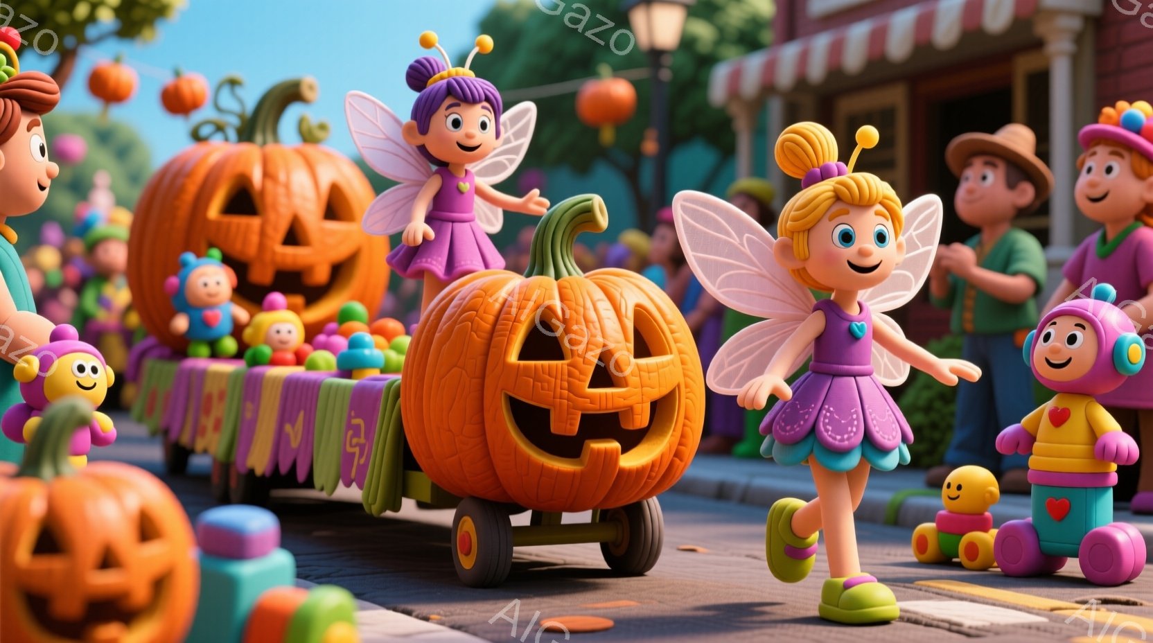 カラフルなハロウィーンのパレードが街中を賑わせています。紫色の髪に妖精のような羽を持つ女の子が、大きなジャック・オー・ランタンのフロートの隣を嬉しそうに走っており、他の子供たちも様々な仮装をしてパレードに参加しています。背景には可愛らしい建物が並び、晴れた空の下、お祭り気分で満ち溢れています。
