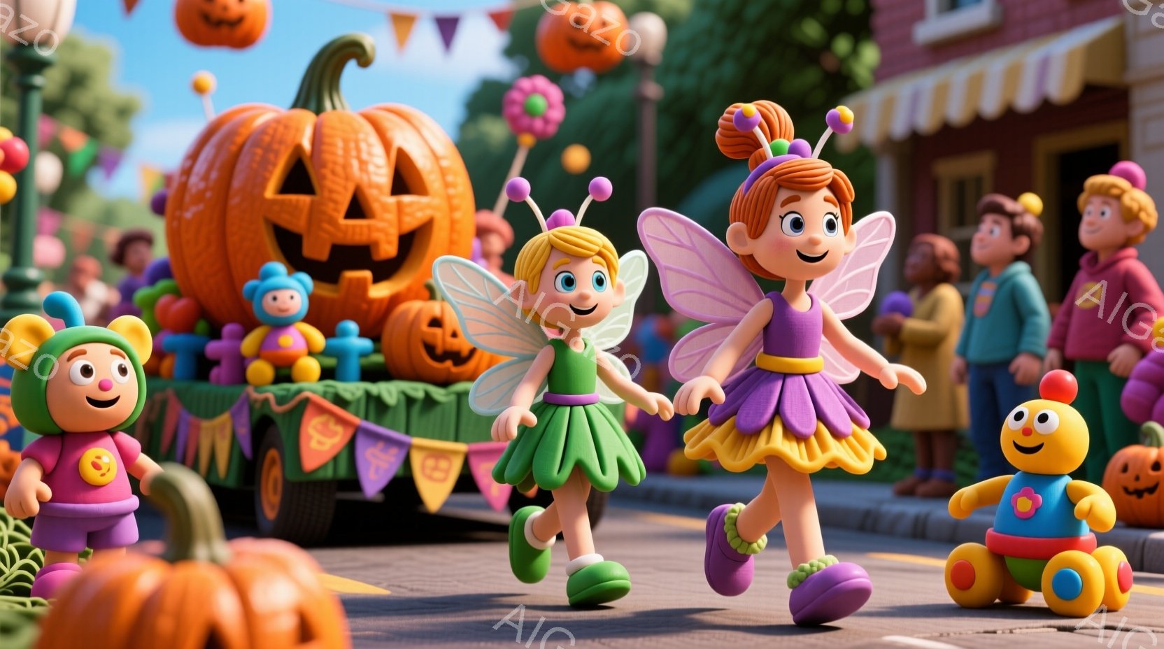 ハロウィーンのパレードの様子が描かれており、緑色のドレスを着た妖精の女の子が、紫色の靴を履いて元気よく歩いています。背景には、かぼちゃの飾り付けがされた建物や、様々な仮装をした人々が見え、カラフルで賑やかな雰囲気が漂っています。全体的に、明るい日差しの中で、子供たちがハロウィーンを楽しむ様子が表現されています。