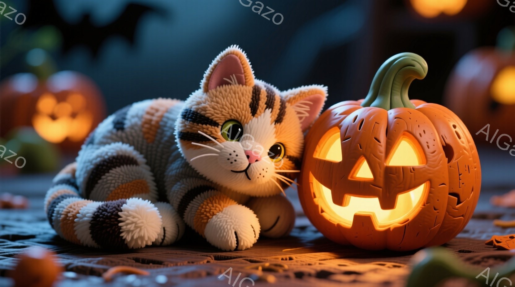 縞模様の猫が、彫刻が施された明るいオレンジ色のジャック・オ・ランタンの隣で横たわっています。猫はリラックスした表情で、穏やかな眼差しをしています。背景には他のジャック・オ・ランタンがぼんやりと見え、落ち葉が散らばっている、ハロウィーンの雰囲気を感じさせる夜のシーンです。