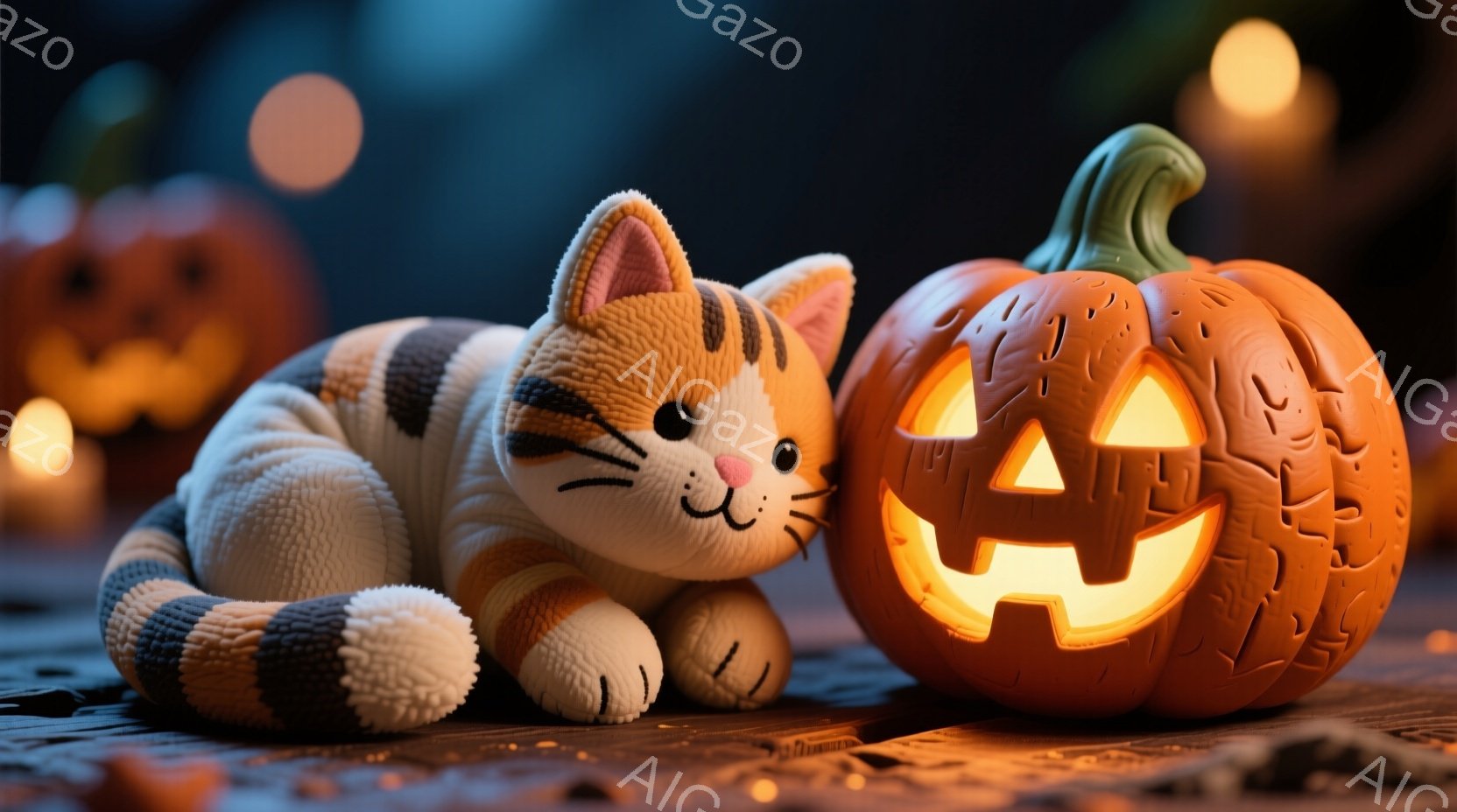 縞模様の猫の人形が、彫刻されたジャック・オー・ランタンの隣に横たわっています。猫は明るい色調で、丸みを帯びたフォルムで、リラックスした表情をしています。背景は暗く、ぼやけたオレンジ色の光が点在し、ハロウィーンの夜の穏やかで心地よい雰囲気を醸し出しています。
