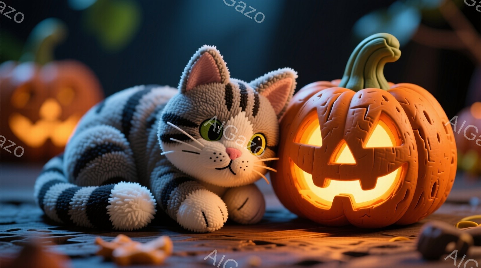 縞模様の猫が、彫刻が施されたオレンジ色のジャック・オ・ランタンの隣に横たわっています。猫は大きな緑色の目と穏やかな表情をしており、リラックスした姿勢で木製のテーブルに寄りかかっています。背景にはぼやけたオレンジ色のカボチャがいくつか見え、全体的にハロウィーンの暖かく穏やかな雰囲気を醸し出しています。