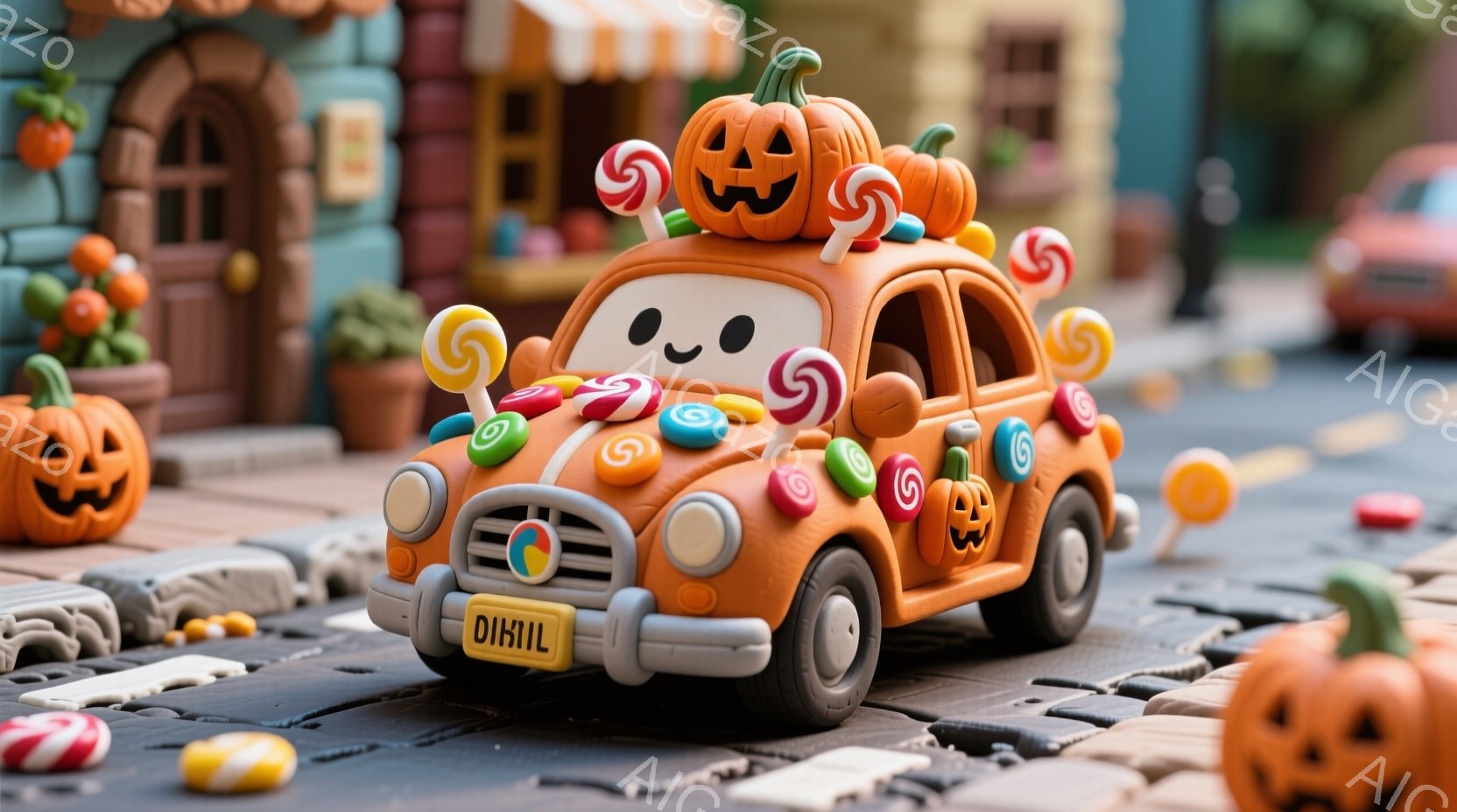 オレンジ色の車が、ハロウィーンのお菓子やカボチャで飾られています。車のナンバープレートには「DIKIL」と書かれており、背景には可愛らしい建物とハロウィーンの装飾が散りばめられています。全体的に暖かく、お祭り気分を盛り上げるような、遊び心に満ちた雰囲気です。