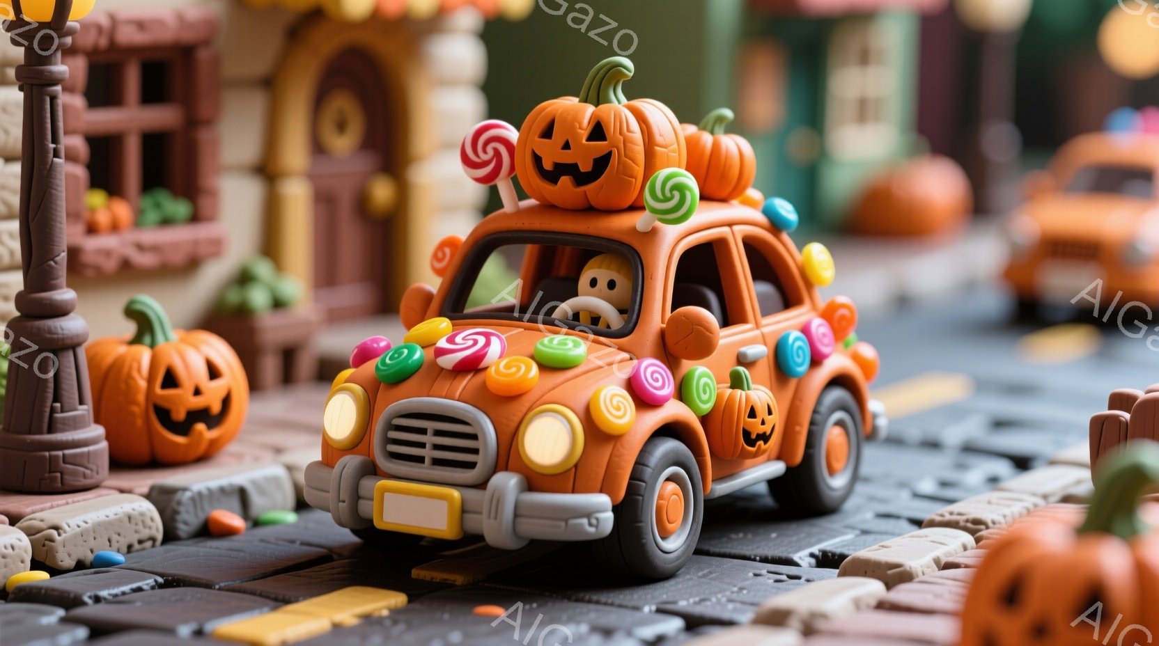 オレンジ色の可愛らしい車が、ハロウィーンの飾り付けで賑わっています。車の上には大きなカボチャとキャンディが積み上げられ、運転席には笑顔の幽霊が座っています。背景には、カラフルな建物とハロウィーンの装飾が施されたカボチャが並び、お祭り気分を盛り上げています。