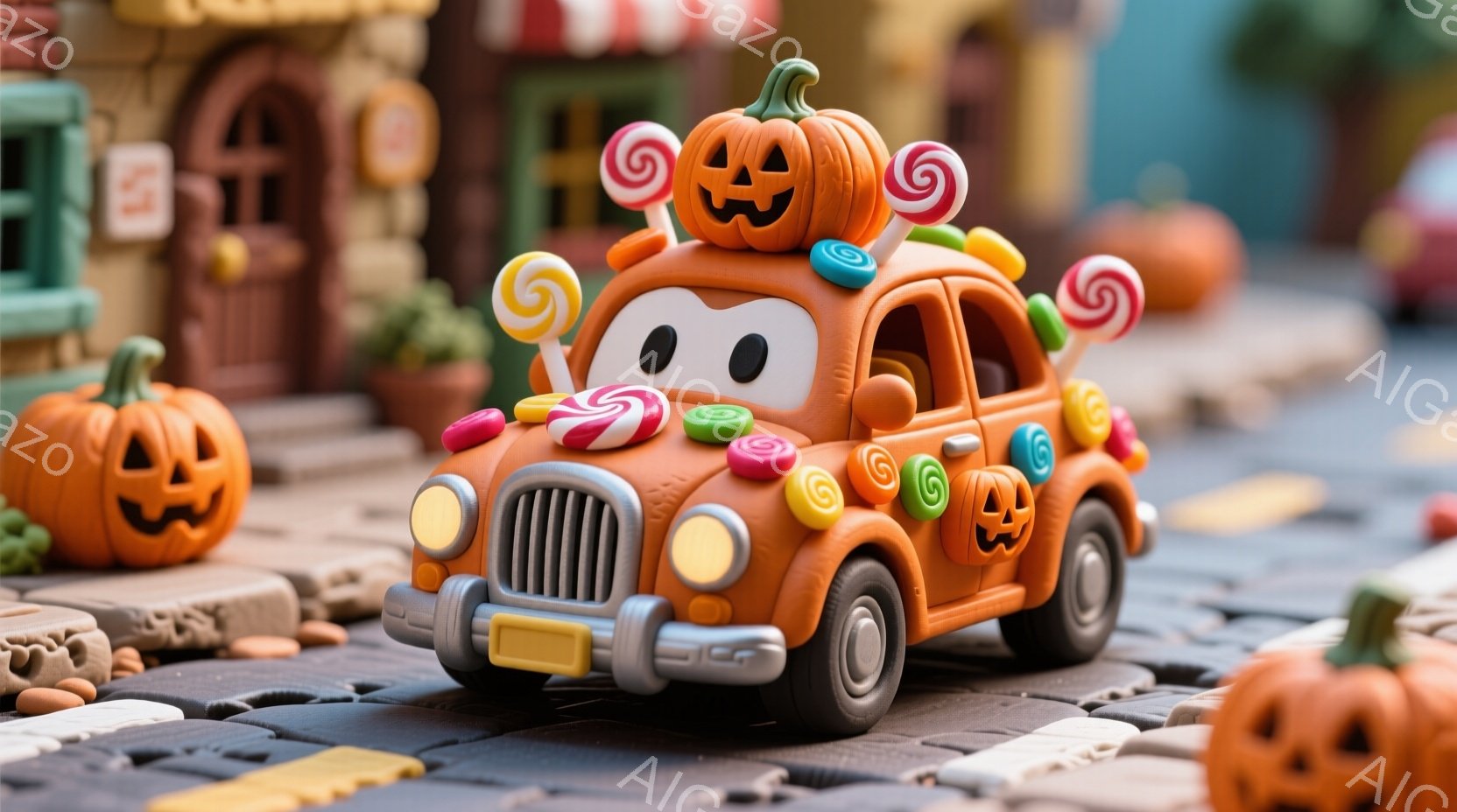 オレンジ色の愛らしい車が、ハロウィーンの飾り付けで賑わっています。車の上にはジャック・オー・ランタンが乗せられ、周囲にはキャンディーやリボンが散りばめられています。背景には、可愛らしい建物や植物が見え、道路には割れた石が敷かれており、お祭り気分の楽しい雰囲気です。