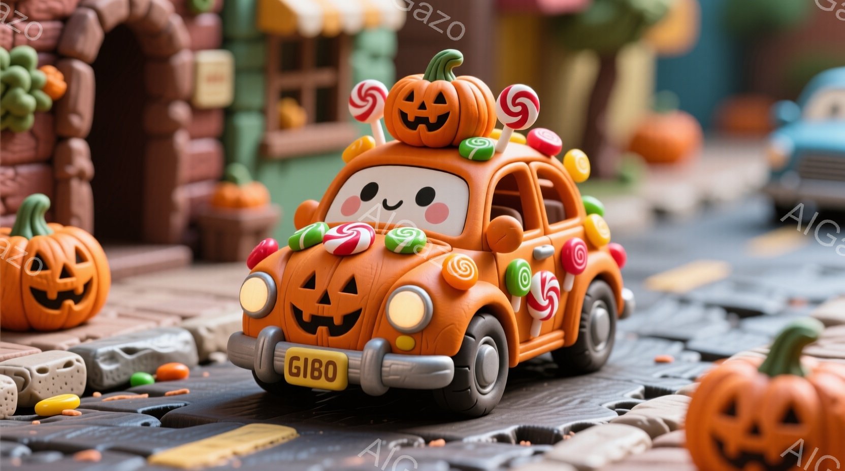 明るいオレンジ色のカボチャを模した車が、ハロウィンの飾り付けでいっぱいになっている。車は可愛らしい顔をしており、ナンバープレートには「GIBO」と書かれている。背景には、カボチャのランタンや小さな建物があり、全体的に暖かく、お祭りのような雰囲気が漂っている。