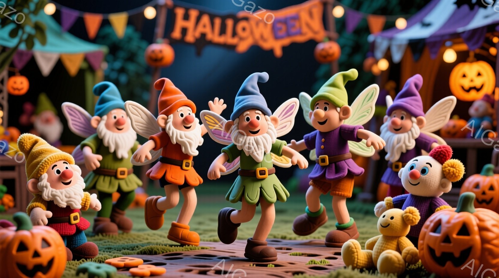 ハロウィーンをテーマにした可愛らしい小さな妖精のような生き物たちが描かれています。彼らはそれぞれ異なる色の帽子とベストを着用し、楽しそうに跳ね回っています。背景には、カボチャのランタンや可愛らしい家々が並び、お祭り騒ぎの雰囲気が漂っています。