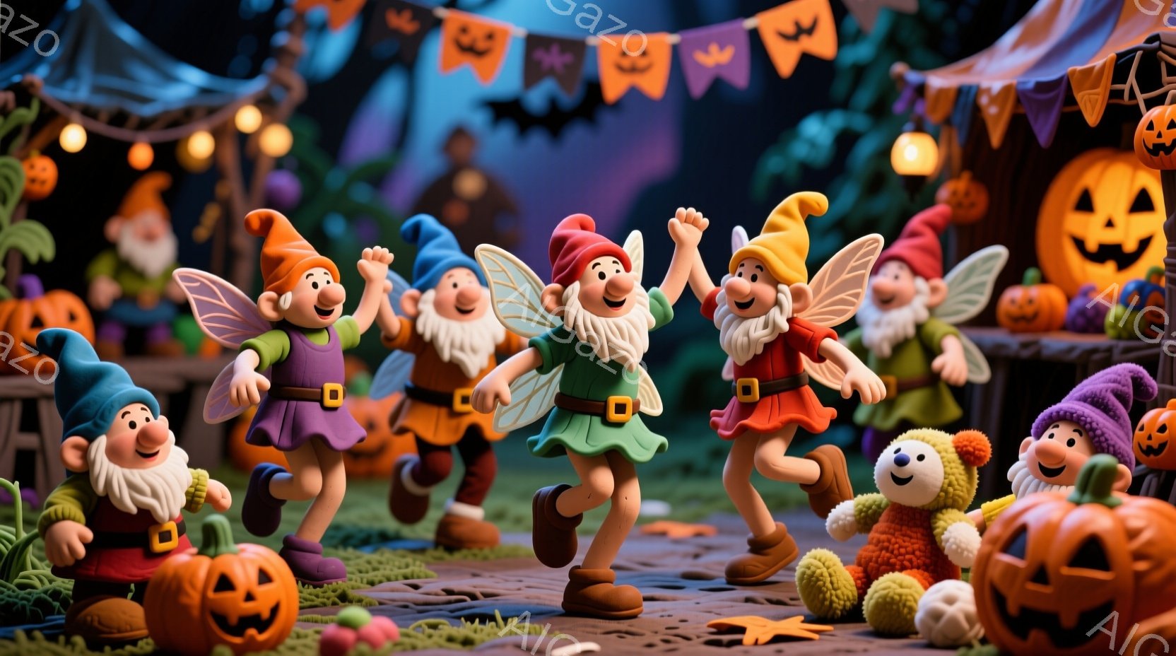 ハロウィーンの装飾が施された背景に、可愛らしい妖精のような小人たちが集まっています。緑、紫、オレンジなどのカラフルな衣装を身につけ、それぞれに小さな羽と先のとがった帽子をかぶっています。彼らは皆、楽しそうにジャンプしたり、腕を広げたりして、お祭りの雰囲気を盛り上げています。