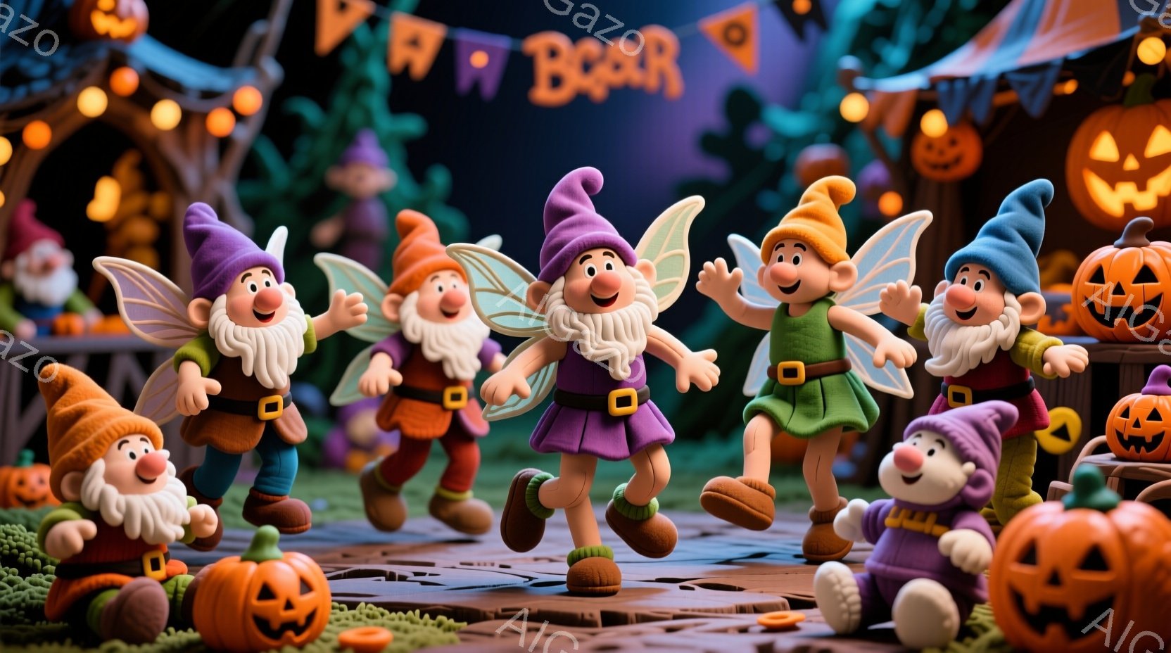 紫、緑、オレンジ色の帽子をかぶった、小さな妖精のようなキャラクターたちが、陽気な表情でジャンプしている様子が描かれています。彼らはそれぞれ緑色のズボンにオレンジ色のベルトを締め、小さな羽を持っています。背景には、カボチャのランタンや、ハロウィーンを連想させる装飾が施された建物があり、お祭り気分を盛り上げています。