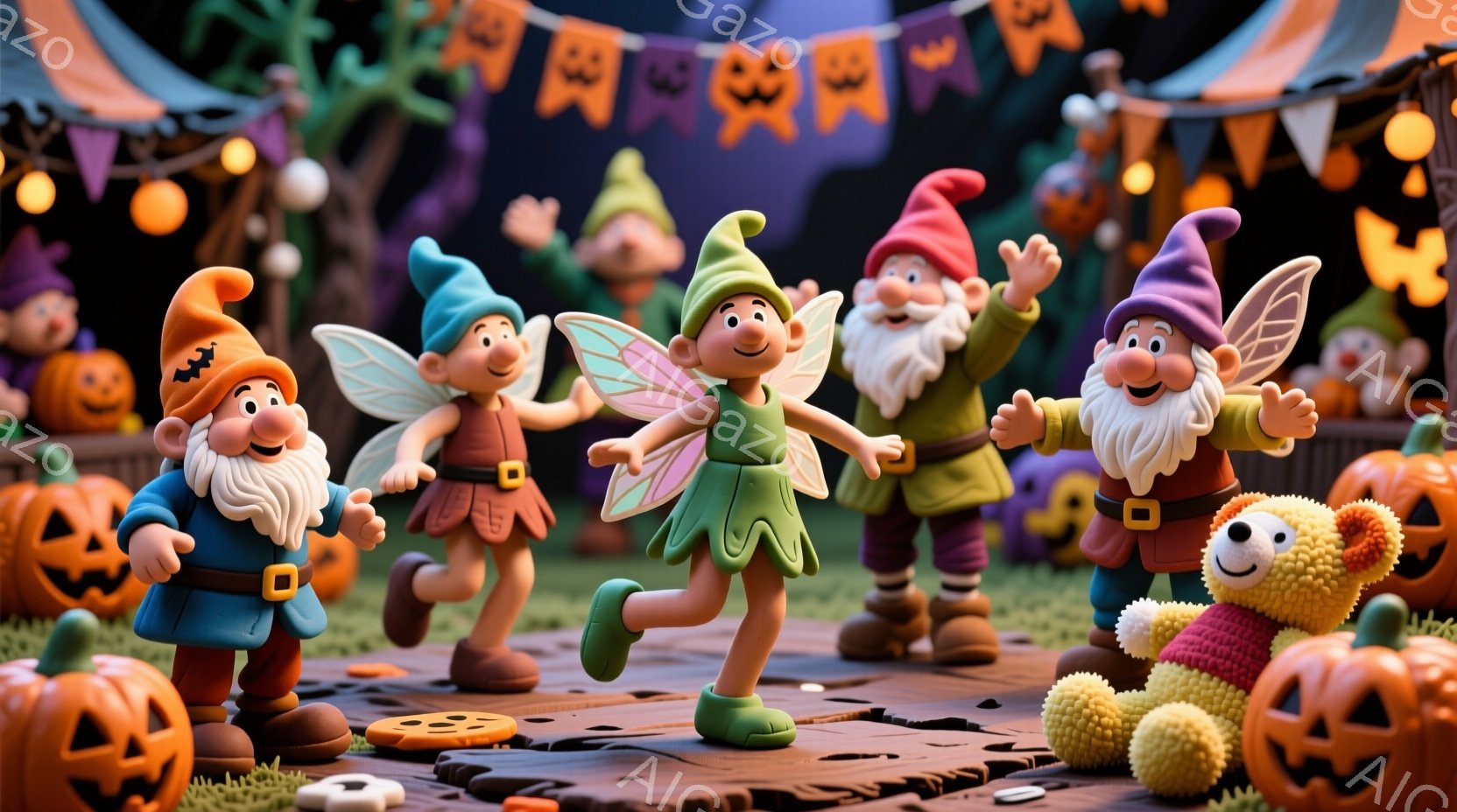 ハロウィーンをテーマにしたおもちゃのようなキャラクターたちが、楽しそうにポーズをとっている様子を描いています。緑色の帽子と長い白ひげをつけた小人や、妖精のような羽を持つキャラクターたちが、鮮やかな色の衣装を着て、喜びの表情を浮かべています。背景には、カボチャのランタン、おもちゃ、そしてハロウィーンの装飾が施されたテントがあり、全体的に陽気で楽しい雰囲気が漂っています。