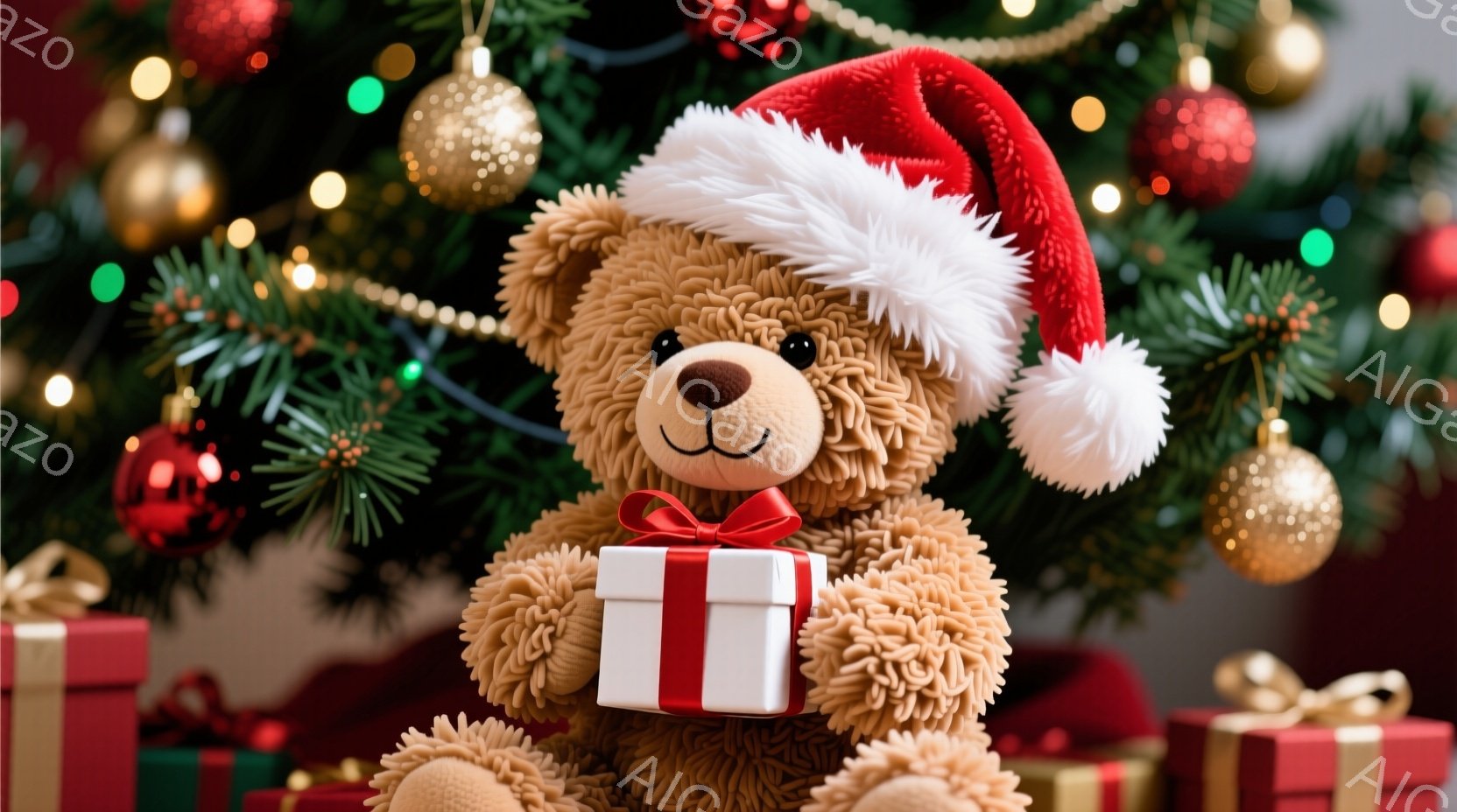 ふわふわの茶色のテディベアが、赤いサンタの帽子をかぶって、白いリボンのかかった小さなプレゼントの箱を両手で抱えています。背景には、キラキラと光るオーナメントで飾られたクリスマスツリーがあり、他のプレゼ - AI生成フリー素材