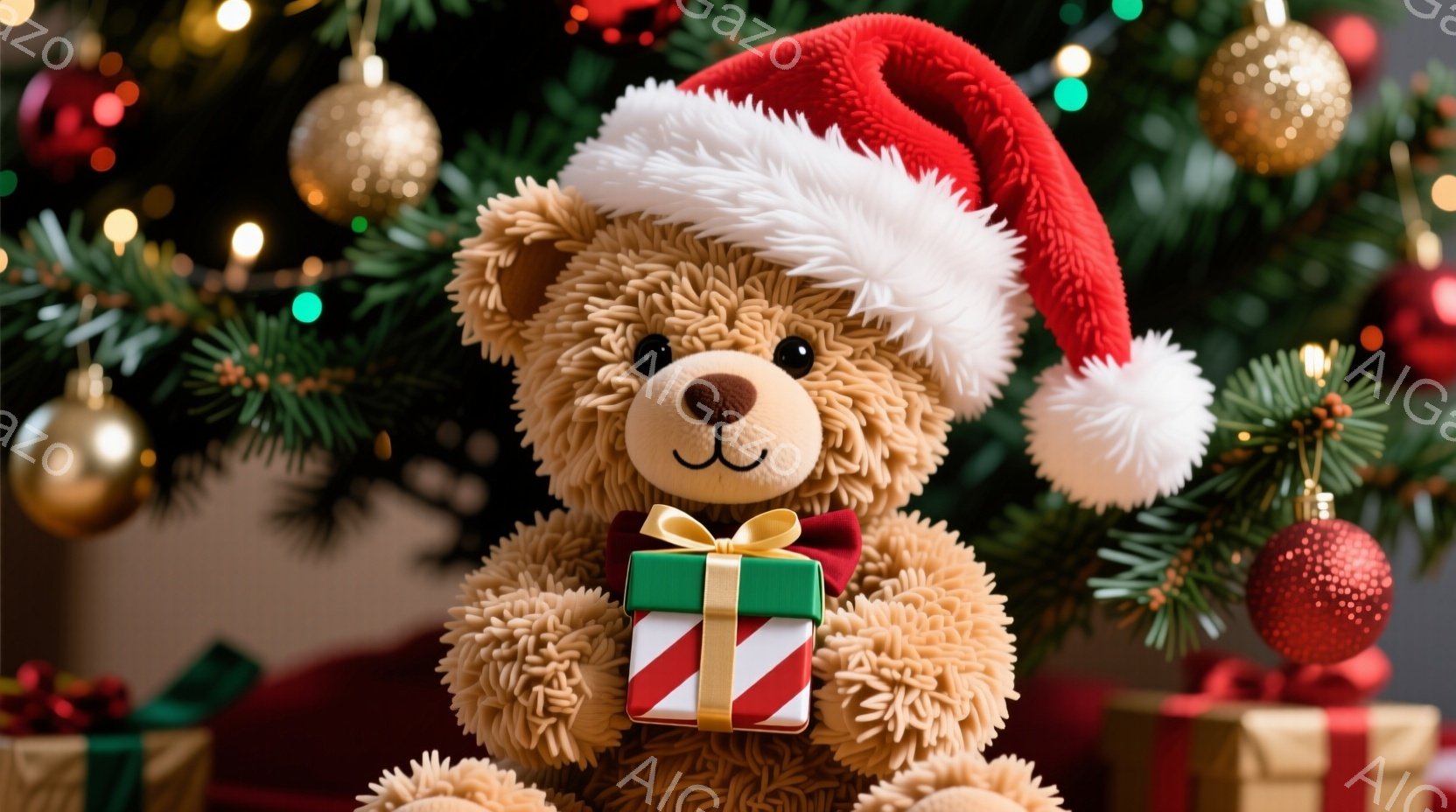 ふわふわの茶色のテディベアが、赤いサンタ帽をかぶり、赤いリボンをつけている。テディベアは両手で緑と赤の包装紙で包まれた小さなプレゼントの箱を持っており、優しい表情をしている。背景にはクリスマスツリーの - AI生成フリー素材