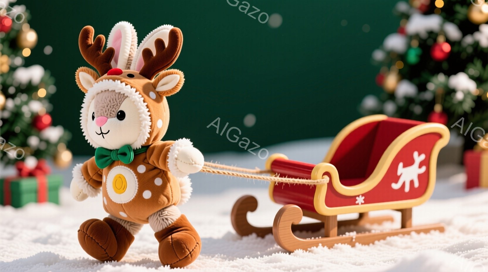 茶色いぬいぐるみがトナカイの衣装を着て、赤いソリを引いています。衣装には角、緑色のリボン、そして胸元に大きな白い円があります。背景にはクリスマスツリーやプレゼントがあり、雪景色の中で温かく、楽しい雰囲気が漂っています。
