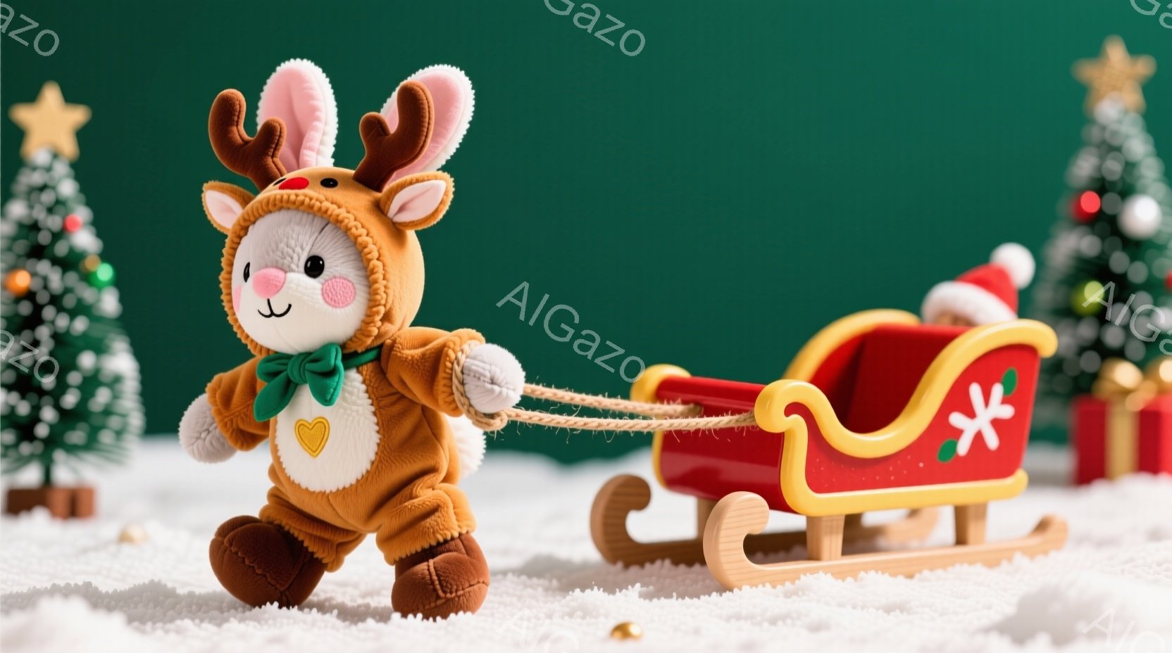 明るい緑色の背景に雪景色が広がり、オレンジ色のトナカイの着ぐるみを着たウサギのぬいぐるみが小さな赤いソリを引いています。ウサギは緑色のリボンとハート型の胸当てを身につけ、嬉しそうな表情で前を向いています。背景にはクリスマスツリーやプレゼントボックスが配置され、温かく可愛らしいクリスマスの雰囲気が漂っています。