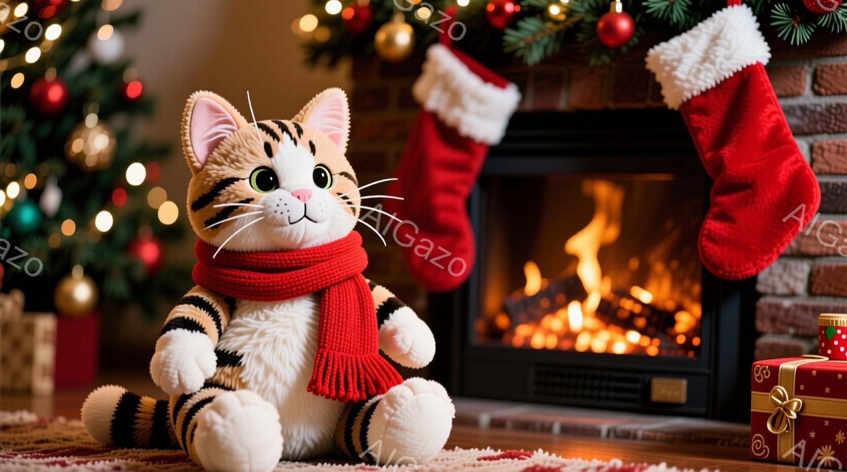 暖炉の前に座っているのは、茶色と白のしま模様の猫のぬいぐるみです。赤いマフラーを巻いており、微笑みを浮かべています。背景には、クリスマスツリーやプレゼント箱、そして暖炉の火が見え、温かく、お祝いの雰囲気が漂っています。