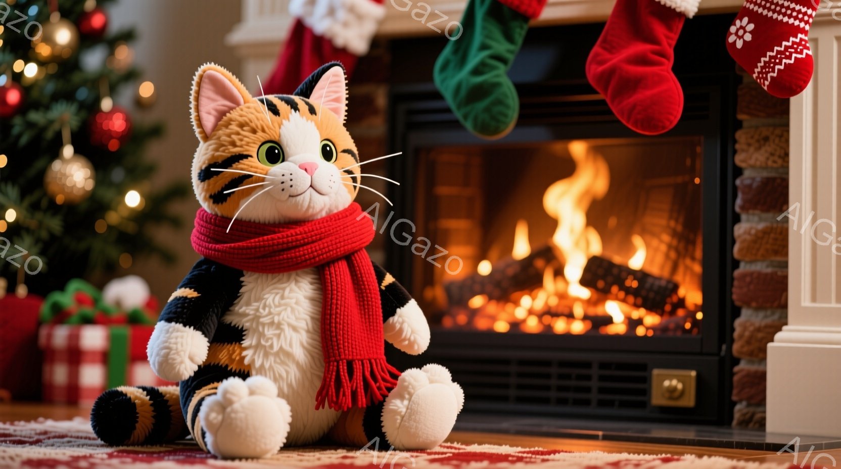 暖炉の前に、オレンジ、黒、白の毛並みを持つ、赤いマフラーを巻いた猫のぬいぐるみがあります。 暖炉の火は暖かく輝き、背景にはクリスマスツリーとプレゼントの箱があり、赤い敷物の上に座っています。 全体的に - AI生成フリー素材