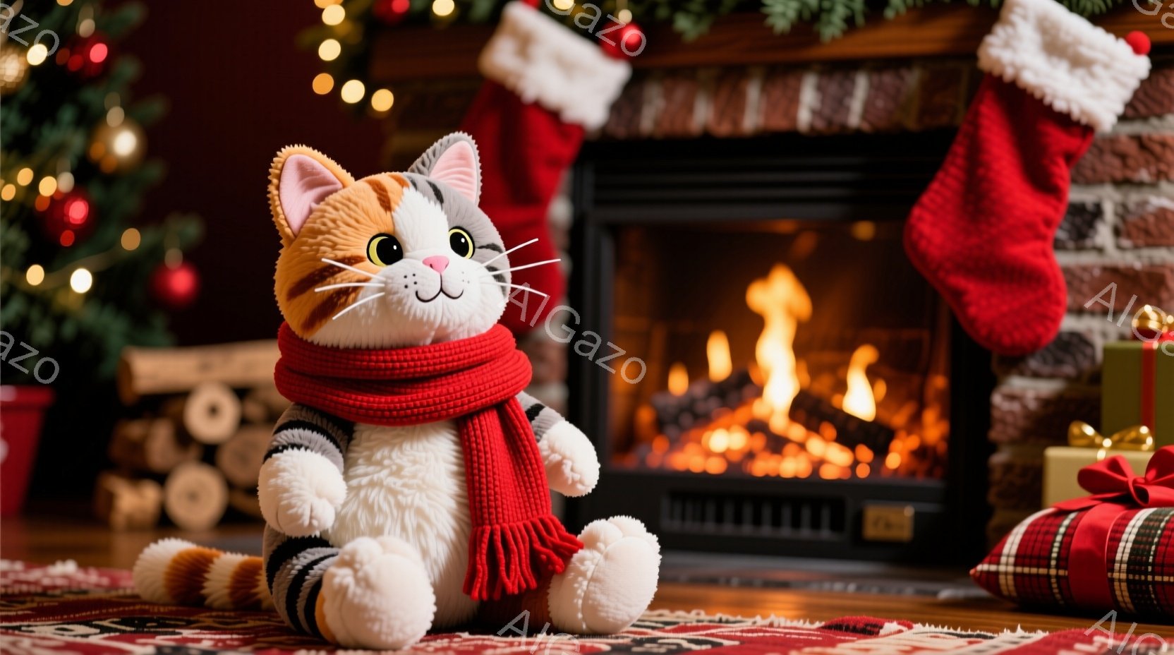 暖炉の前で、赤いマフラーを巻いた白い灰色の猫のぬいぐるみのおもちゃが座っています。背景には、クリスマスツリーとプレゼント、そして暖炉の火が暖かく照らし出されています。全体的に、温かく、居心地の良い冬のホリデーの雰囲気が漂っています。