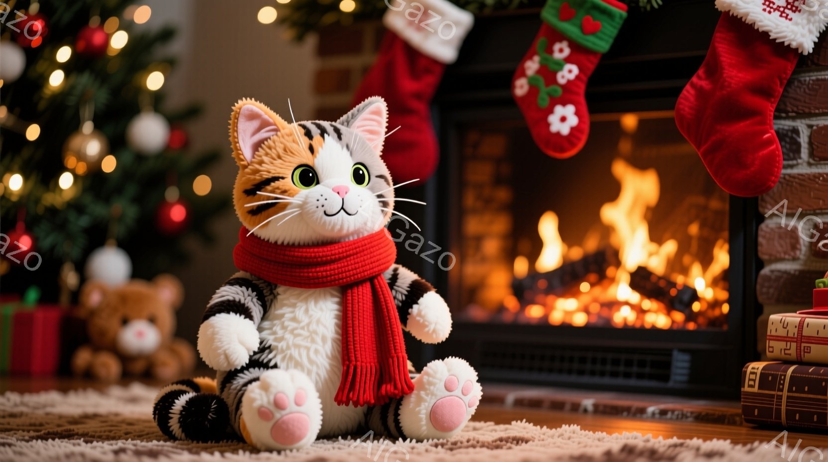 縞模様の猫のぬいぐるみは赤いマフラーを巻いて、床に座っています。背景には、暖炉の火が燃え、クリスマスツリーやプレゼント、クリスマスストッキングが見え、温かくお祝いムードが漂っています。木製の床と柔らかいカーペットが、さらに居心地の良い雰囲気を演出しています。