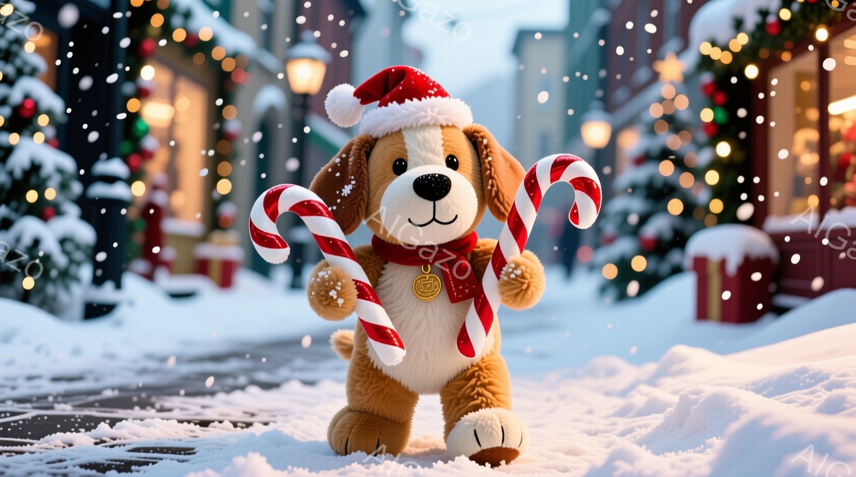 茶色と白の毛並みを持つ犬のぬいぐるみは、赤いサンタの帽子をかぶり、赤い縞模様のキャンディケーンを手に持っています。雪が降り積もる街並みが背景に広がり、建物にはクリスマス装飾が施され、暖かくお祝いムード - AI生成フリー素材