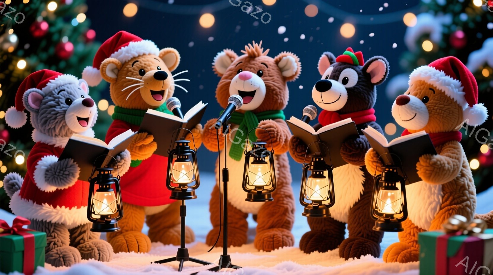 雪景色の中で、クリスマスの衣装を着たクマたちが歌を歌っている様子が描かれています。赤いサンタ帽を被ったクマや、緑の服を着たクマなど、それぞれ異なる衣装を着て、楽譜を見ながらマイクに向かって歌っています - AI生成フリー素材