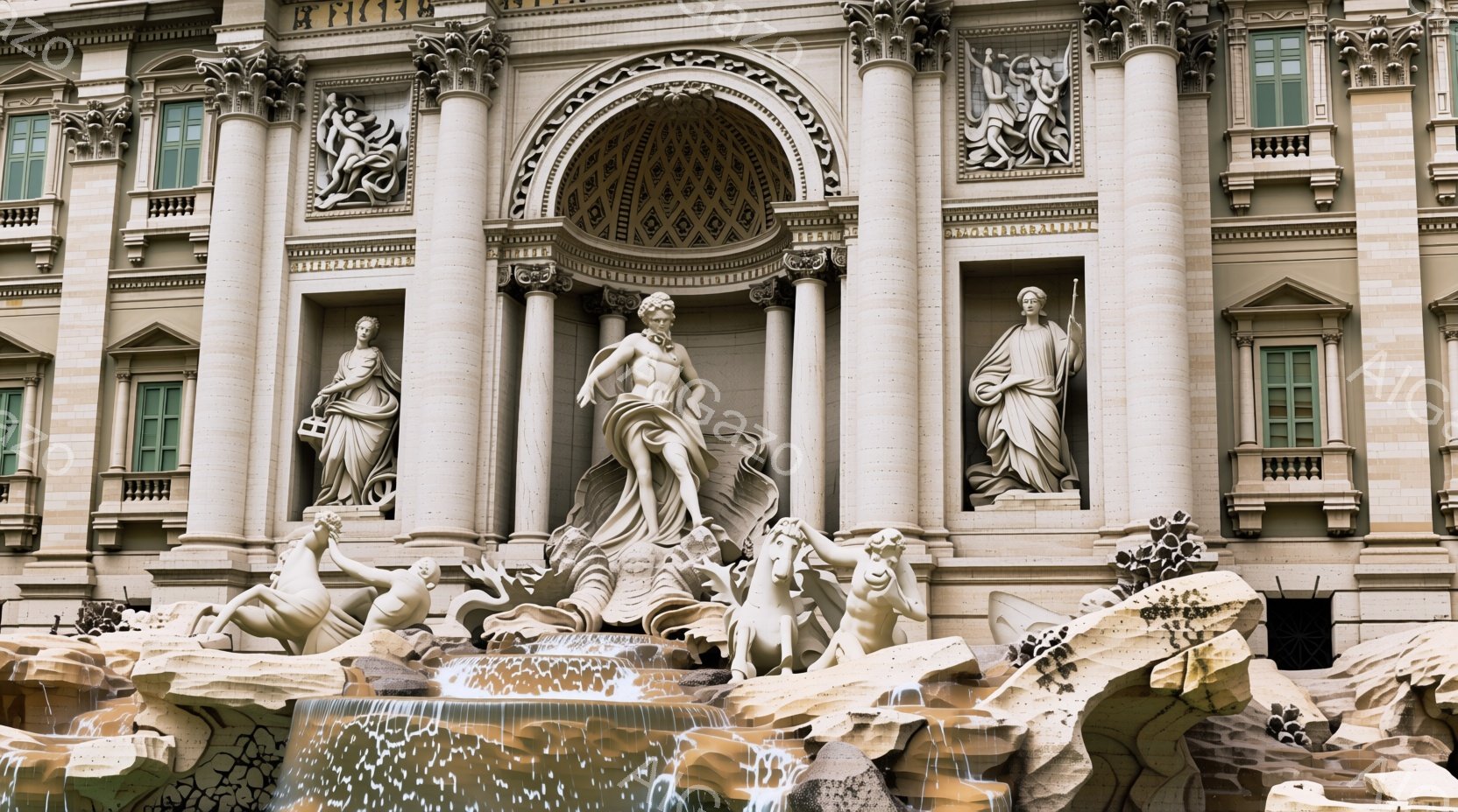白大理石で造られた壮大な噴水が画像の中央に位置し、彫刻は神話的な存在を表しているようだ。彫刻はそれぞれ流れるようなドレープの衣をまとい、髪は波打つように表現されており、ダイナミックな動きと表情を見せている。背景には、白亜の大理石で覆われた壮麗な建物が立ち並び、晴天の下、その威厳と美しさを際立たせている。