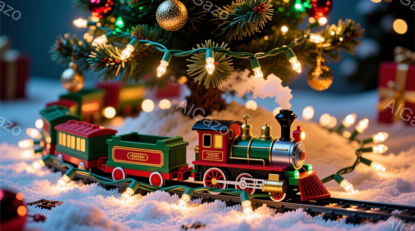 クリスマスツリーの足元に、緑と赤のミニチュア列車が雪の上に敷かれた光るレールの上を走っています。列車は蒸気を上げ、その背景には緑豊かなクリスマスツリーの枝と輝くオーナメントが見えます。全体的に、暖かく、お祝いの雰囲気で、ホリデーシーズンを象徴しています。