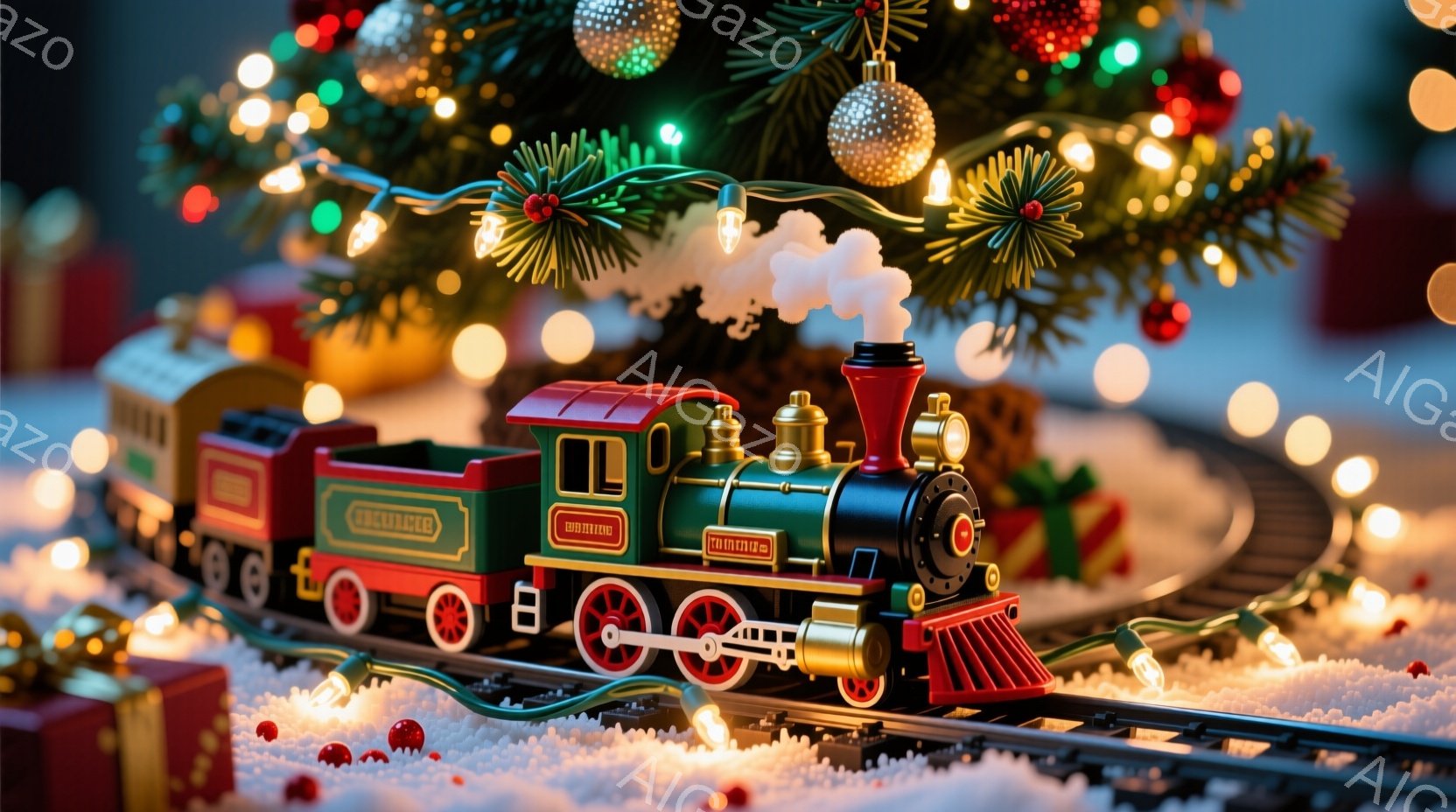クリスマスツリーの前に、緑と赤のミニチュア蒸気機関車が雪の線路を走っている様子が写っています。背景には、カラフルなオーナメントで飾られたクリスマスツリーと、プレゼントの箱が見え、暖かくお祝いの雰囲気が漂っています。蒸気機関車からは白い煙が立ち上り、冬の暖炉の温かさを感じさせます。