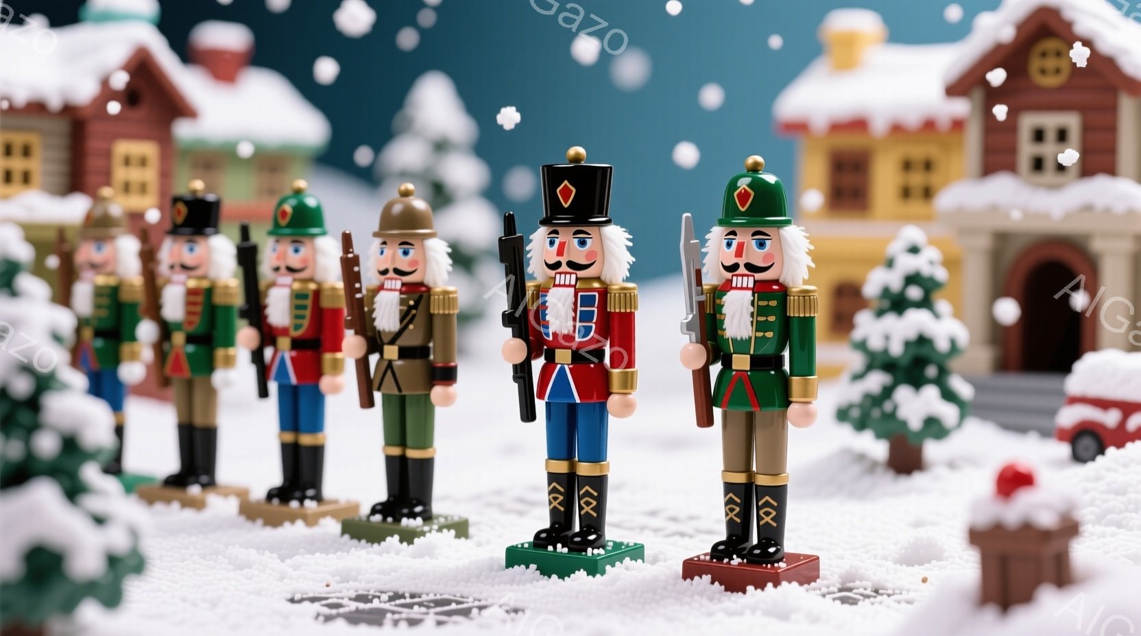 兵士の形をした木製のおもちゃの兵隊が雪景色の中に整列しています。兵隊たちは赤い、緑、または黒の制服を着ており、顔は同じように彫刻されており、口ひげを生やしています。背景には、雪で覆われた屋根の小さな家々や、クリスマスツリーのような木々が見え、雪が舞い散る冬の風景が広がっています。