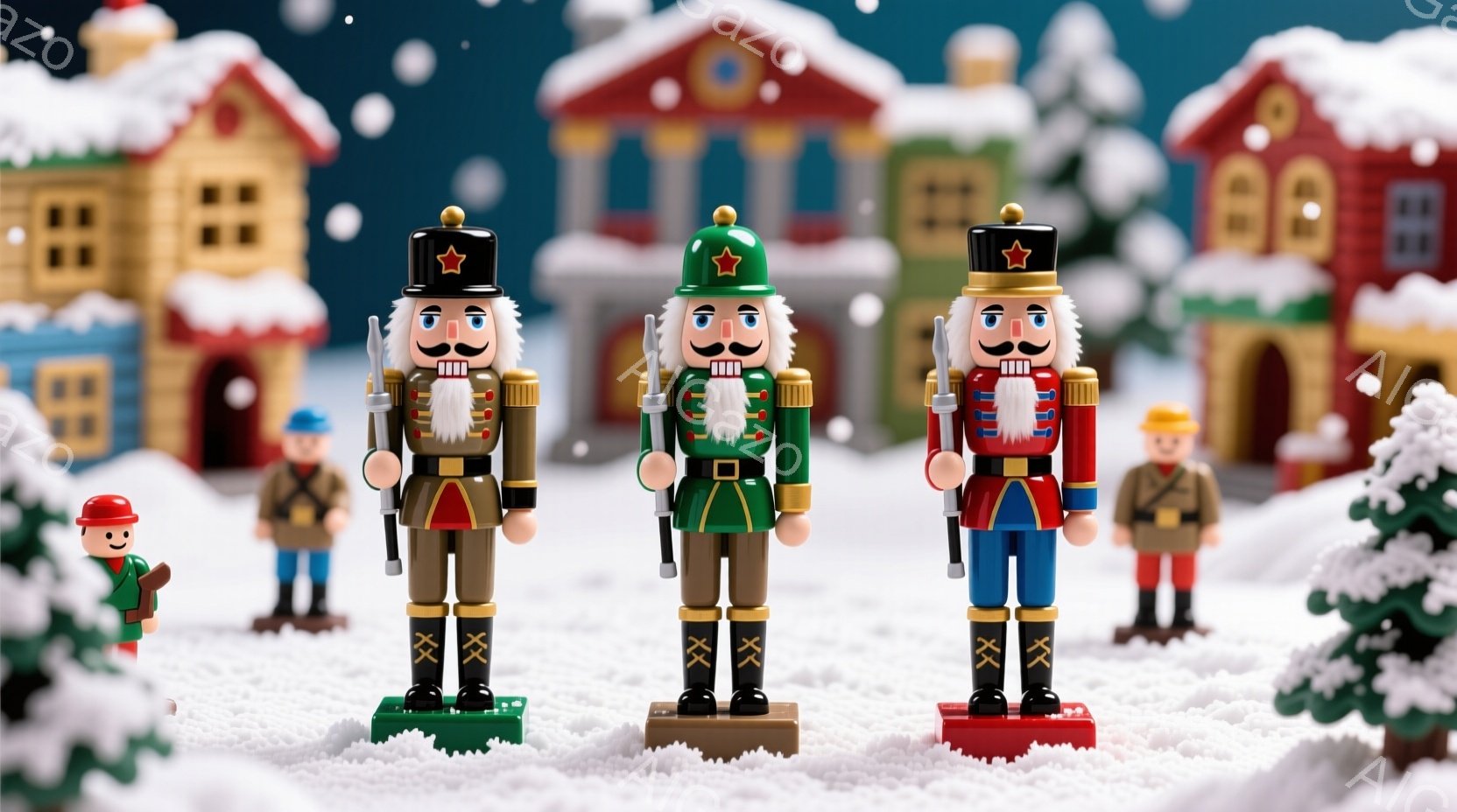兵隊風の木製人形が三体、雪景色の中に整列しています。彼らは赤い、緑、そして別の赤い制服を着ており、黒い帽子には星の飾りがあります。背景には、雪で覆われた屋根を持つカラフルな建物と、雪化粧したクリスマスツリーが見え、冬の祝祭の雰囲気を作り出しています。