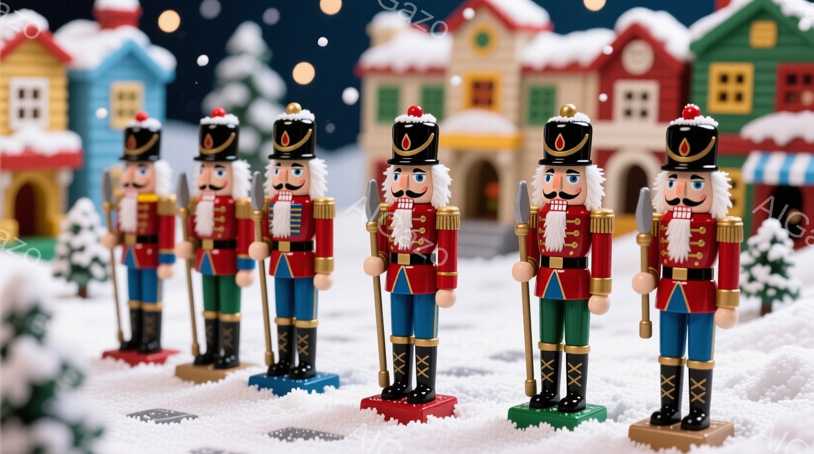 クリスマスの兵隊のおもちゃが整列して並んでいます。彼らは赤いジャケット、黒い帽子、そして白いズボンを身につけ、真剣な表情をしています。背景には、雪で覆われた屋根のカラフルな家々と、雪が降る夜空が広がっており、冬のクリスマスの雰囲気を醸し出しています。