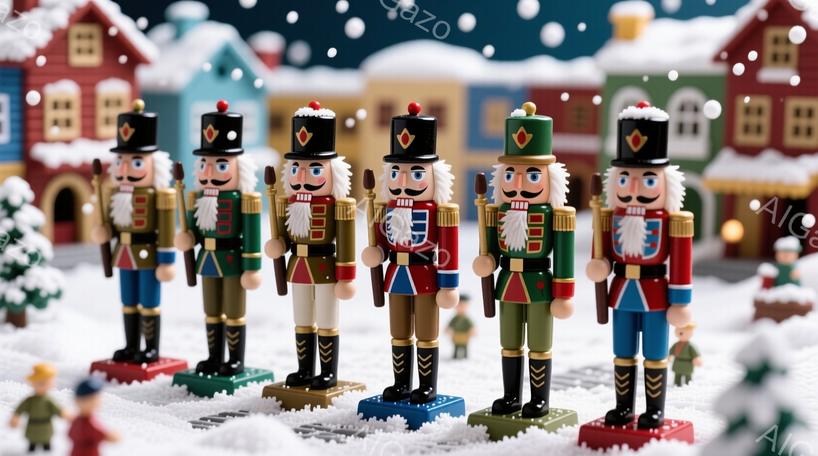 カラフルな衣装を着た木製の兵隊人形が5体、雪景色の中に並んでいます。彼らは皆、赤い帽子に金色の装飾、そして軍服のような鮮やかな色の服を着ており、真剣な表情で正面を見据えています。背景には、雪で覆われた小さな家々が並び、クリスマスの飾り付けが施されており、全体的に暖かく、お祭り気分を醸し出しています。