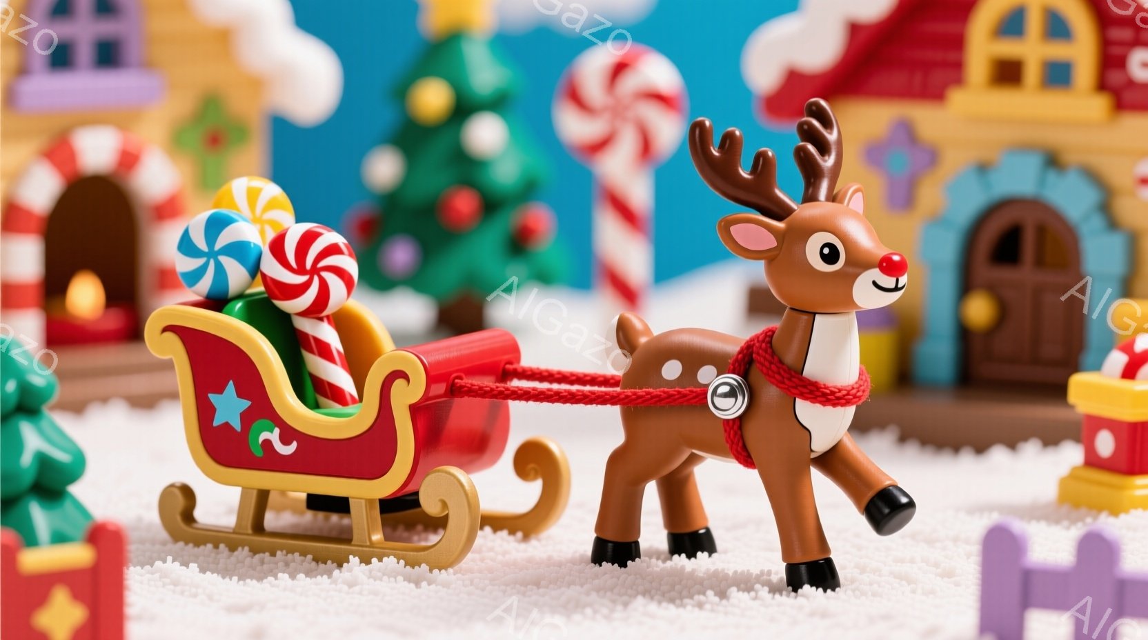 明るい色合いの雪景色の中に、赤いそりが置かれ、トナカイのフィギュアがそれを引いています。そりにはキャンディが詰め込まれており、背景には可愛らしい家やクリスマスツリーが配置されています。全体的に暖かく、 - AI生成フリー素材