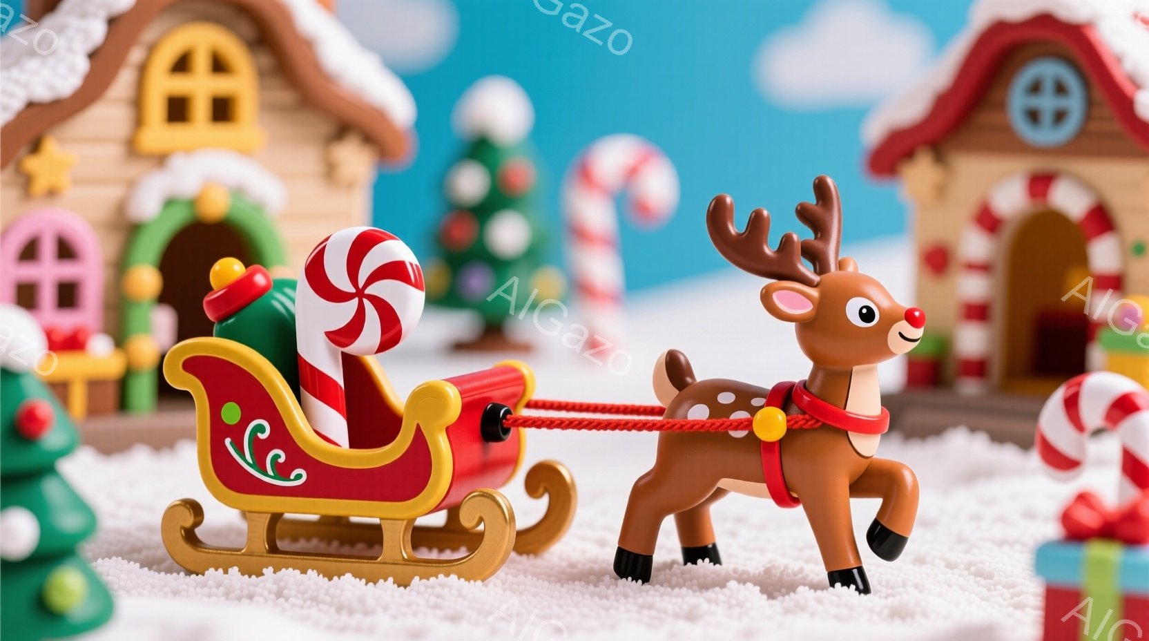 鮮やかな色彩のクリスマスの風景が描かれています。トナカイの置物が赤いそりを引き、中にはキャンディケーンが詰め込まれています。背景には、雪で覆われた可愛らしい家々や、キャンディケーンの装飾が並び、お祝い - AI生成フリー素材