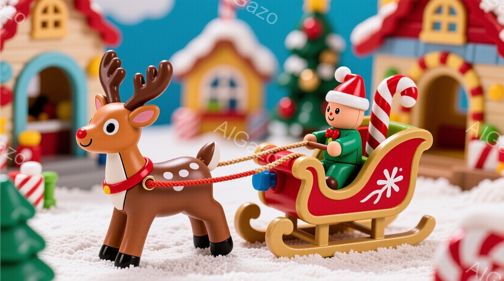 明るい背景の中に、赤いトナカイがそりを引いています。そりにはサンタの帽子をかぶった人形が座っており、嬉しそうな表情をしています。背景には、雪で覆われた屋根の可愛らしい建物がいくつかあり、冬の暖かく楽し - AI生成フリー素材