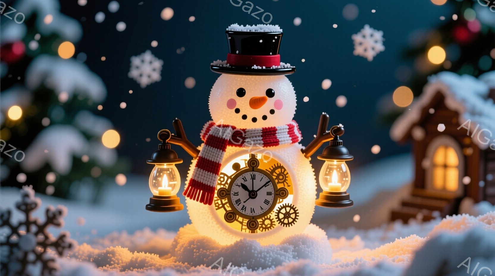 雪景色の中に、ゼンマイ仕掛けの時計が埋め込まれた雪だるまが立っている。赤い縞模様のマフラーと黒い帽子をかぶり、明るい笑顔を浮かべている。背景には、光が灯った小さな家々と雪に覆われた常緑樹があり、幻想的 - AI生成フリー素材