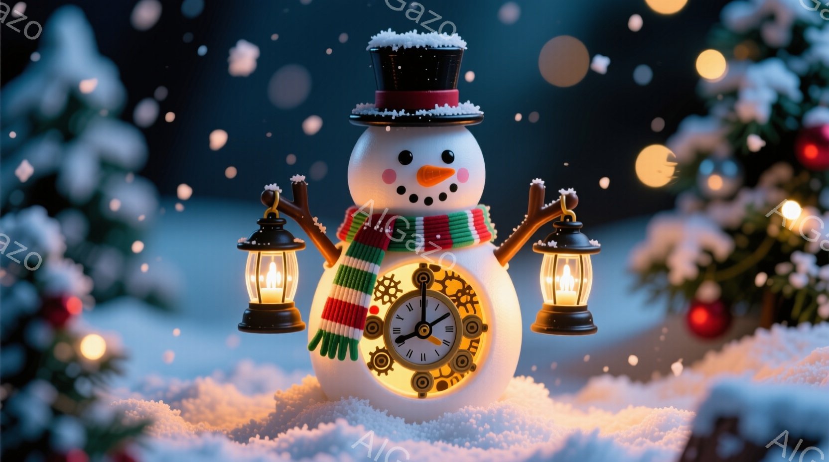 雪景色の中に、ゼンマイ仕掛けの時計が組み込まれたユニークな雪だるまが立っている。緑の枝と赤いオーナメントで飾られたクリスマスツリーが背景にあり、雪片が舞っている。全体的に暖かく、幻想的なクリスマスの雰囲気が漂っている。