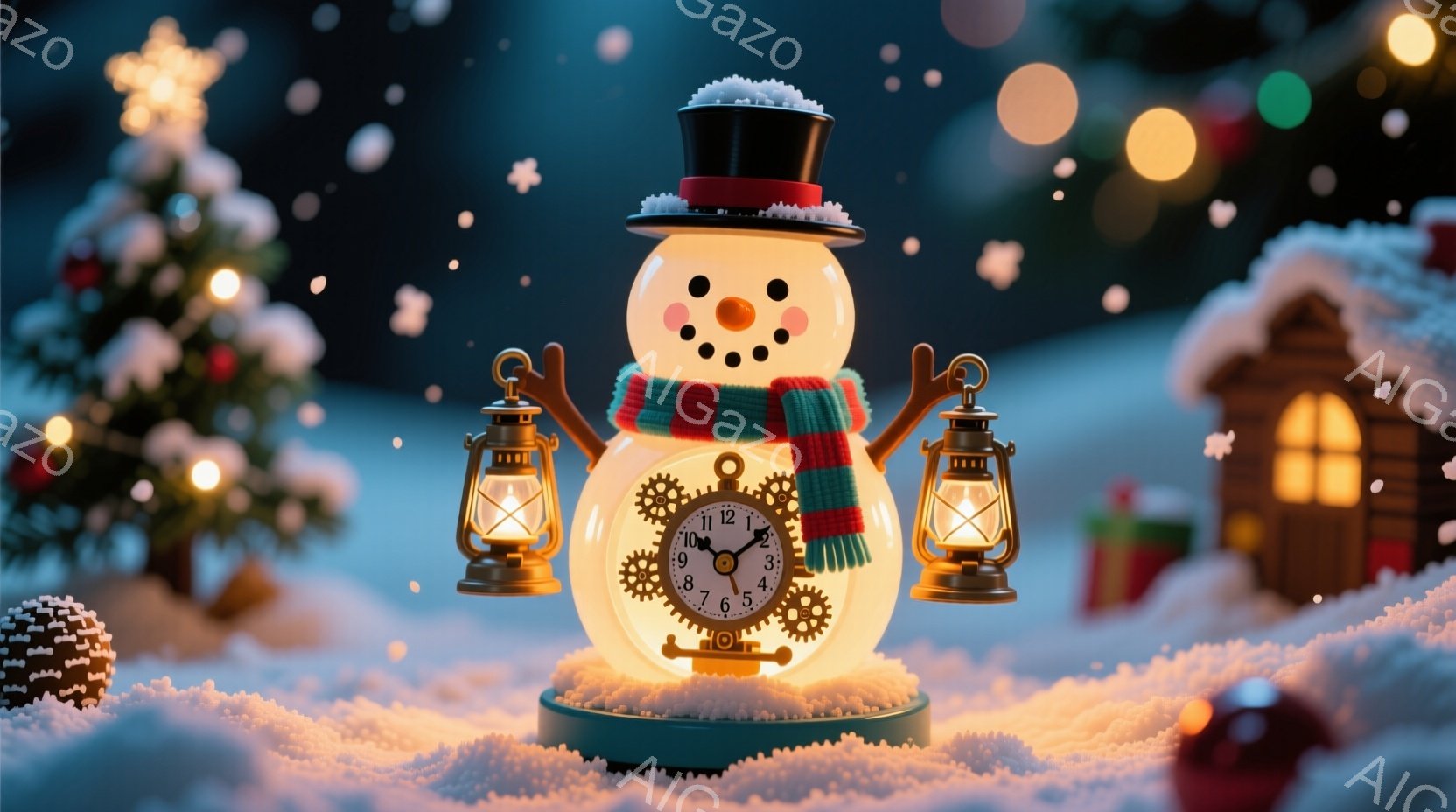 雪が降る夜の風景の中に、ゼンマイ仕掛けの時計を体にした雪だるまが立っている。緑と赤のストライプの長いマフラーを巻き、頭にはシルハットを被り、顔には煤でできた笑顔が浮かんでいる。背景にはクリスマスツリーと、窓から光が漏れる可愛らしい家々が描かれ、暖かく幻想的な雰囲気を醸し出している。