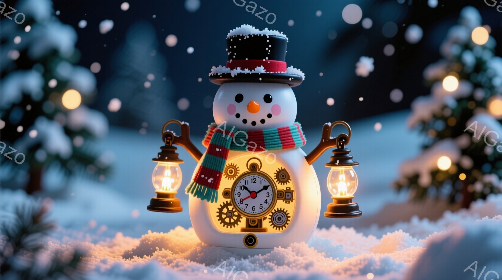 雪景色の中に、機械仕掛けのスノーマンが立っている。黒いシルクハットと赤いストールを身につけ、胸には歯車と時計が組み込まれている。両手には光るランタンを持ち、幻想的で温かい雰囲気を醸し出している。