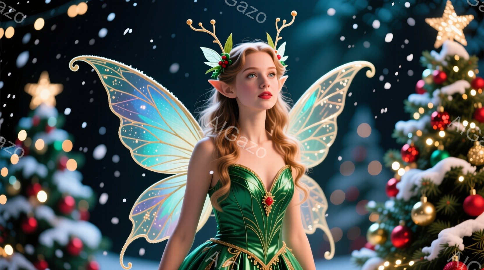 鮮やかな緑色のコルセットとふんわりとしたスカートを身につけた女性が描かれています。彼女は妖精のような羽を持ち、髪には実のついた枝が飾られ、顔には強い意志と少しの憂いが見られます。背景には、飾り付けられたクリスマスツリーがぼやけ、雪が舞い散る幻想的な雰囲気を醸し出しています。