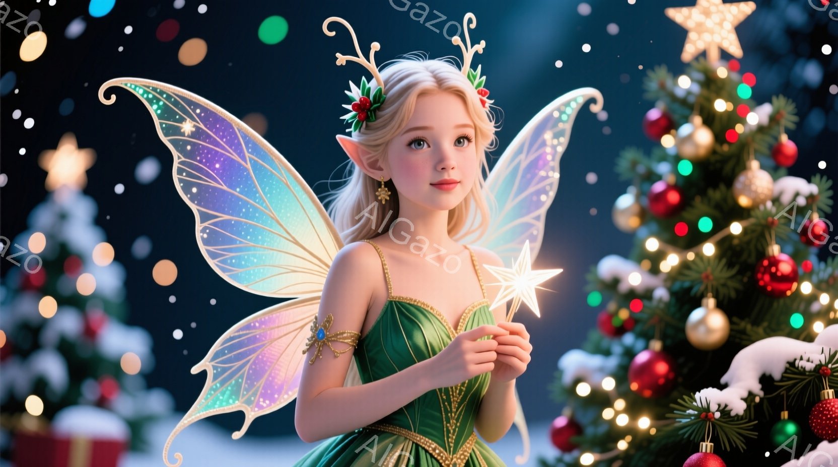 金髪の女性が、緑色の装飾が施されたドレスと、虹色に輝く大きな蝶の羽をつけて立っています。彼女は輝く星形の杖を両手で握り、穏やかで優雅な微笑みを浮かべています。背景にはクリスマスツリーが飾られ、雪が舞う幻想的な雰囲気の中で、彼女はまるで妖精のような存在感を放っています。