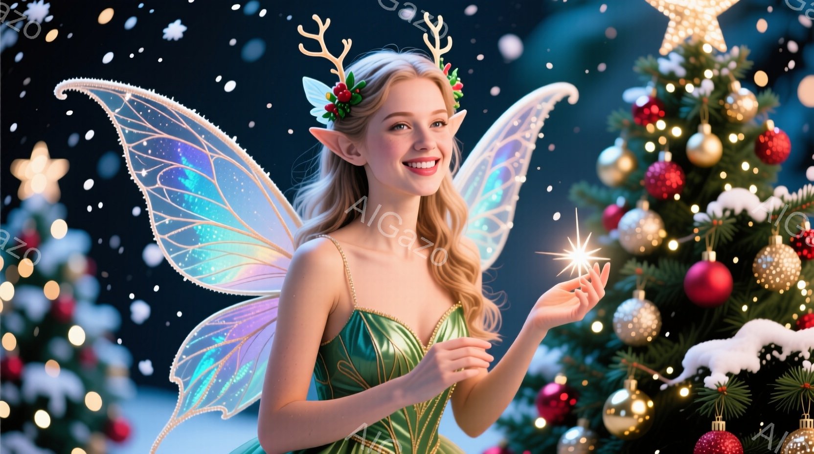 金髪の女性が妖精のように装い、緑色のドレスと、花や実で飾られた角のようなヘアアクセサリーをつけている。彼女は片手に輝く光の球を持っており、笑顔で何かを願いかけているようなポーズをとっている。背景には、オーナメントで飾られたクリスマスツリーが雪景色の中にあり、幻想的で温かい雰囲気を醸し出している。