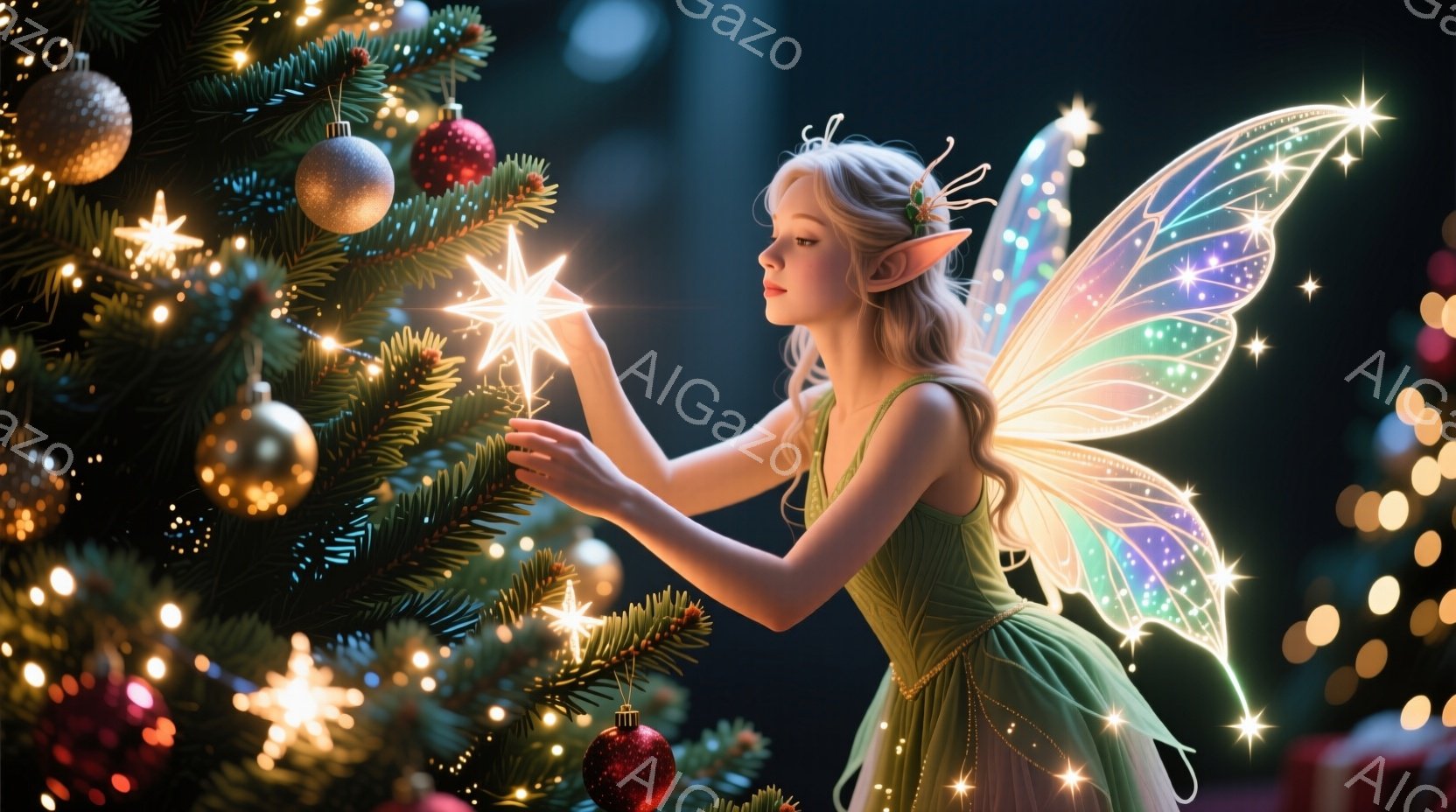 Tinkerbell stands under a lit Christmas tree, wearing her traditional green dress with wings. Her expression is one of concentration or excitement as she touches the snowflake in front of her. The background suggests an indoor festive setting with soft lights.