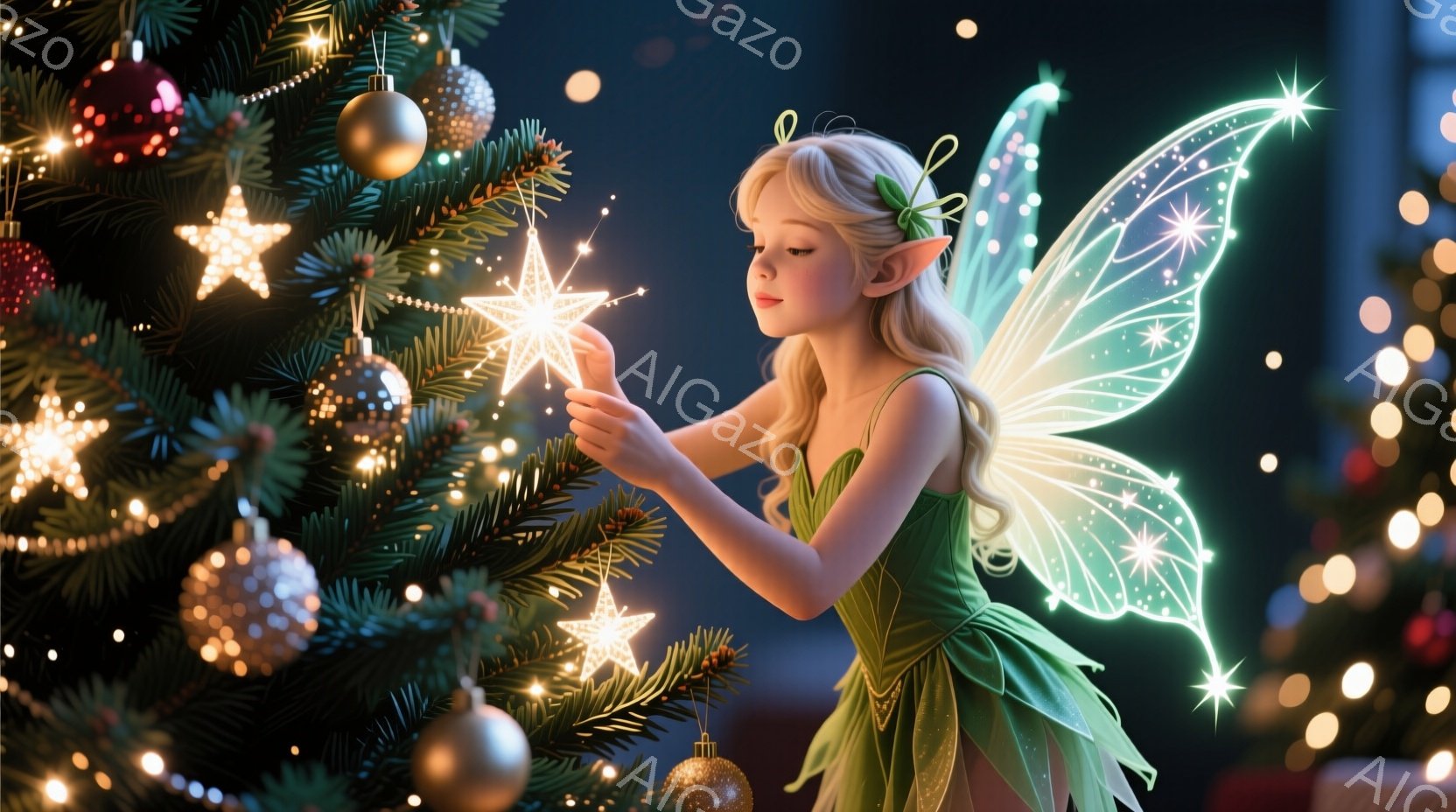 金髪の少女が緑色のドレスと繊細な羽を身に着け、クリスマスツリーの飾り付けをしています。彼女は集中した表情で星形のオーナメントを手に持ち、慎重にツリーに飾ろうとしています。背景にはぼやけたクリスマスツリ - AI生成フリー素材