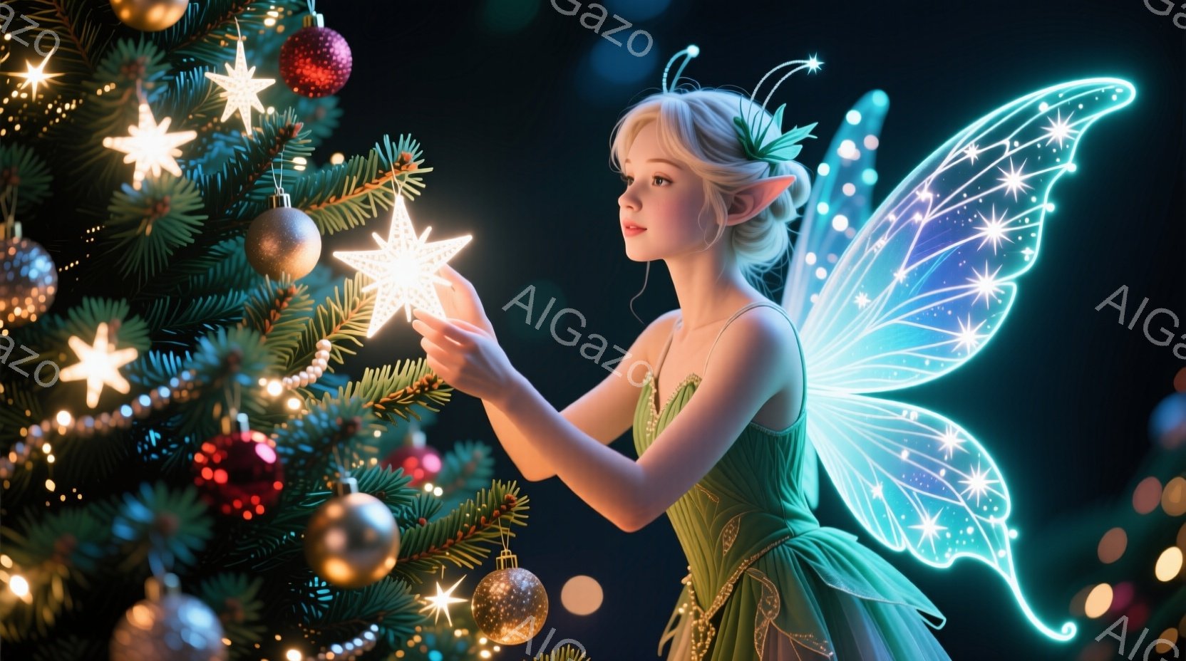 若い女性がクリスマスの飾り付けられたクリスマスツリーの前に立っています。彼女はエメラルドグリーンのドレスを着ており、繊細な羽が背中に広がっています。彼女は金色の星のオーナメントを手に取り、夢見心地な表情でそっと見つめています。