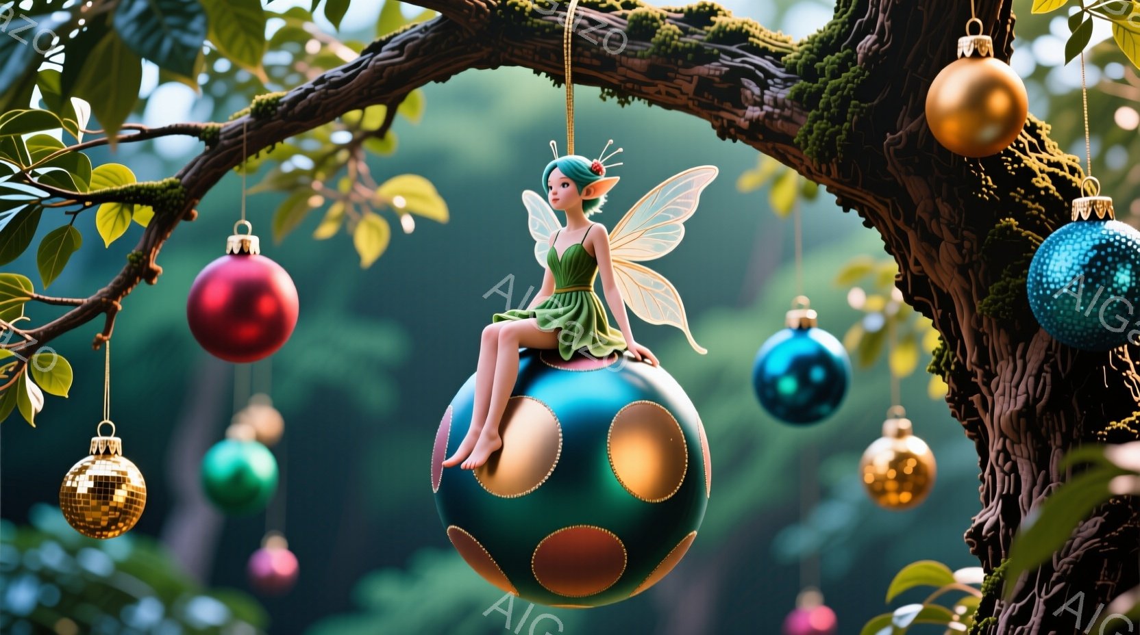 緑色のドレスを着た小さな妖精が、水色と緑の模様が入った大きな球体の上に座っています。彼女は金色の髪と緑色の目を持ち、少し微笑んでいます。背景にはクリスマスオーナメントが飾られた枝があり、全体的に幻想的で温かいクリスマスの雰囲気が漂っています。
