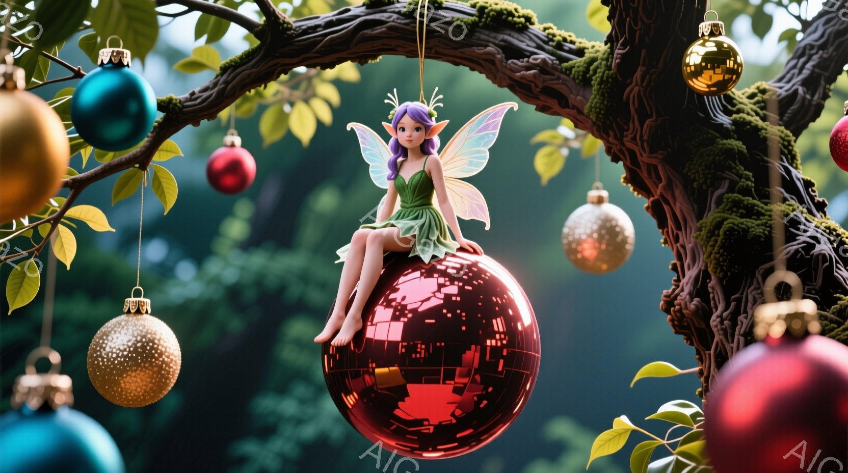 美しい妖精が、輝く赤いオーナメント玉の上に座っています。彼女は緑色のドレスを着ており、紫色の髪は三つ編みにされ、大きなエメラルド色の目と優しい表情をしています。背景には、緑の葉とさまざまな色のクリスマスオーナメントで飾られた、苔むした木の枝が写っており、ファンタジックでクリスマスの雰囲気を醸し出しています。