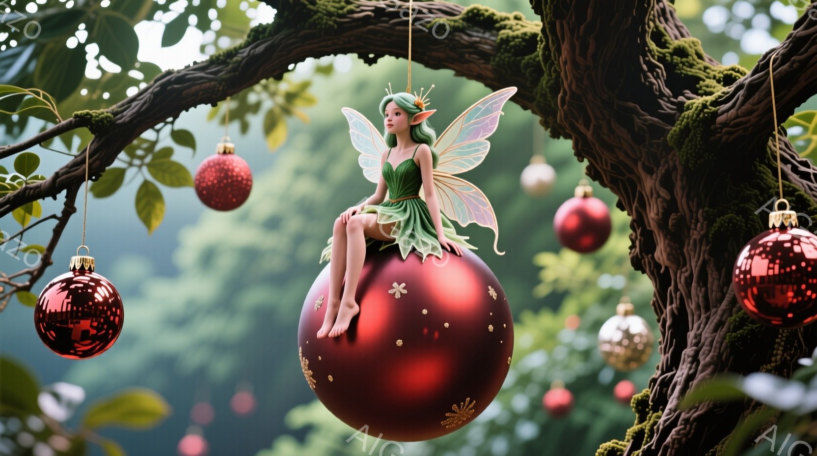 緑色の葉っぱで作られたドレスを着た小さな妖精が、大きな赤いオーナメント玉の上に座っています。彼女は金色の髪を持ち、足を組んでリラックスした表情をしています。背景には、苔むした木々と他の赤いオーナメントがあり、幻想的でクリスマスの雰囲気を醸し出しています。
